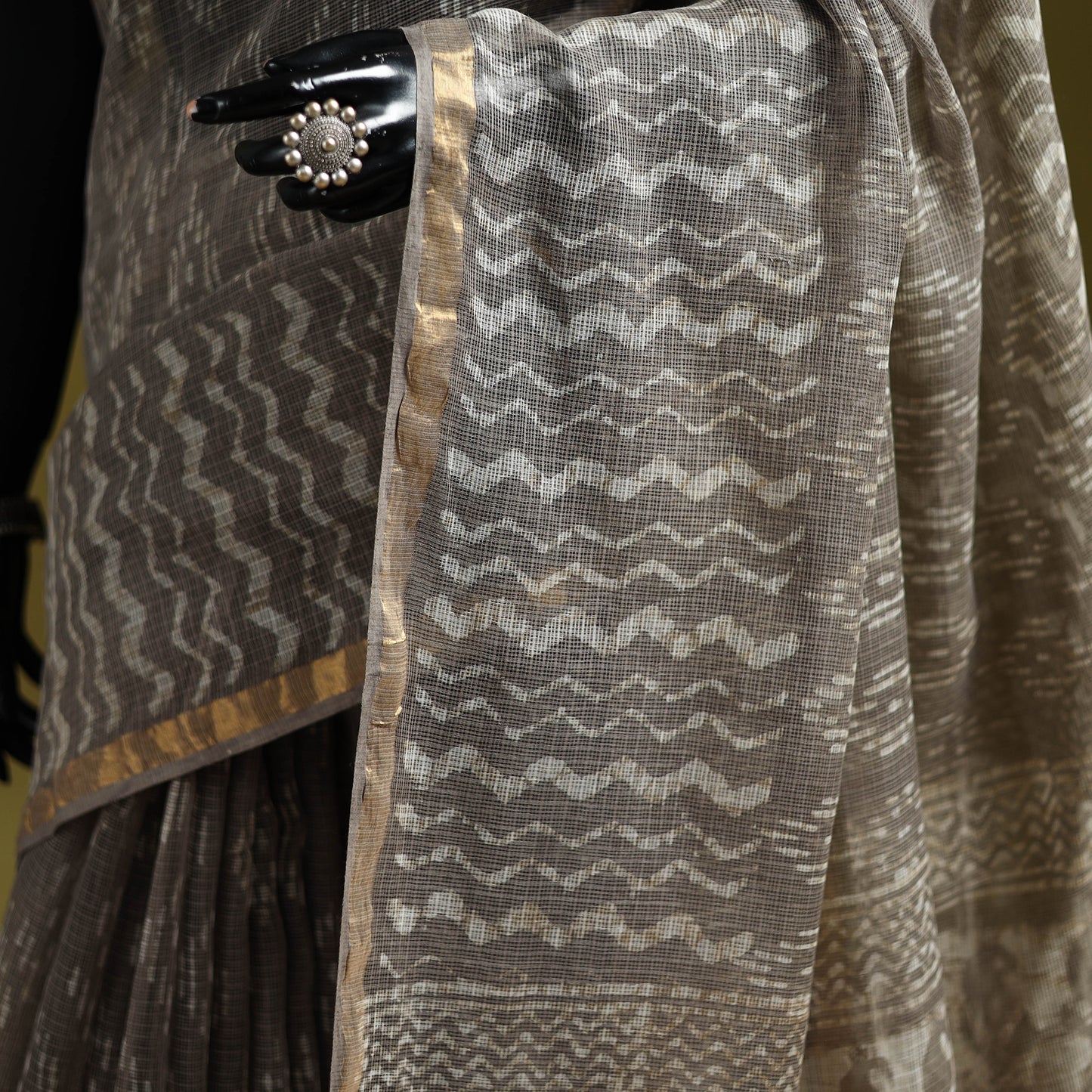 Brown - Batik Hand Block Print Kota Doria Cotton Saree 40
