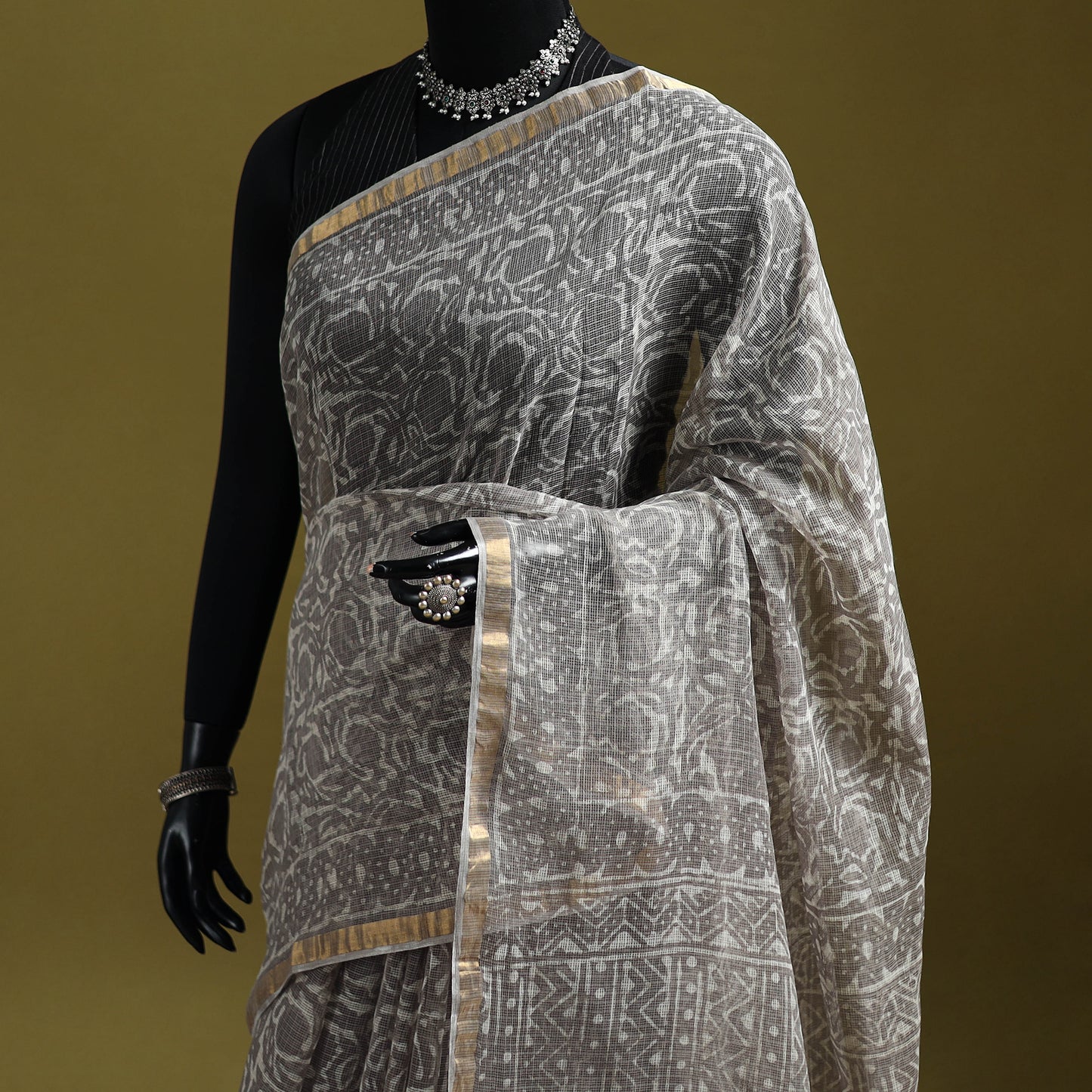 Brown - Batik Hand Block Print Kota Doria Cotton Saree 41