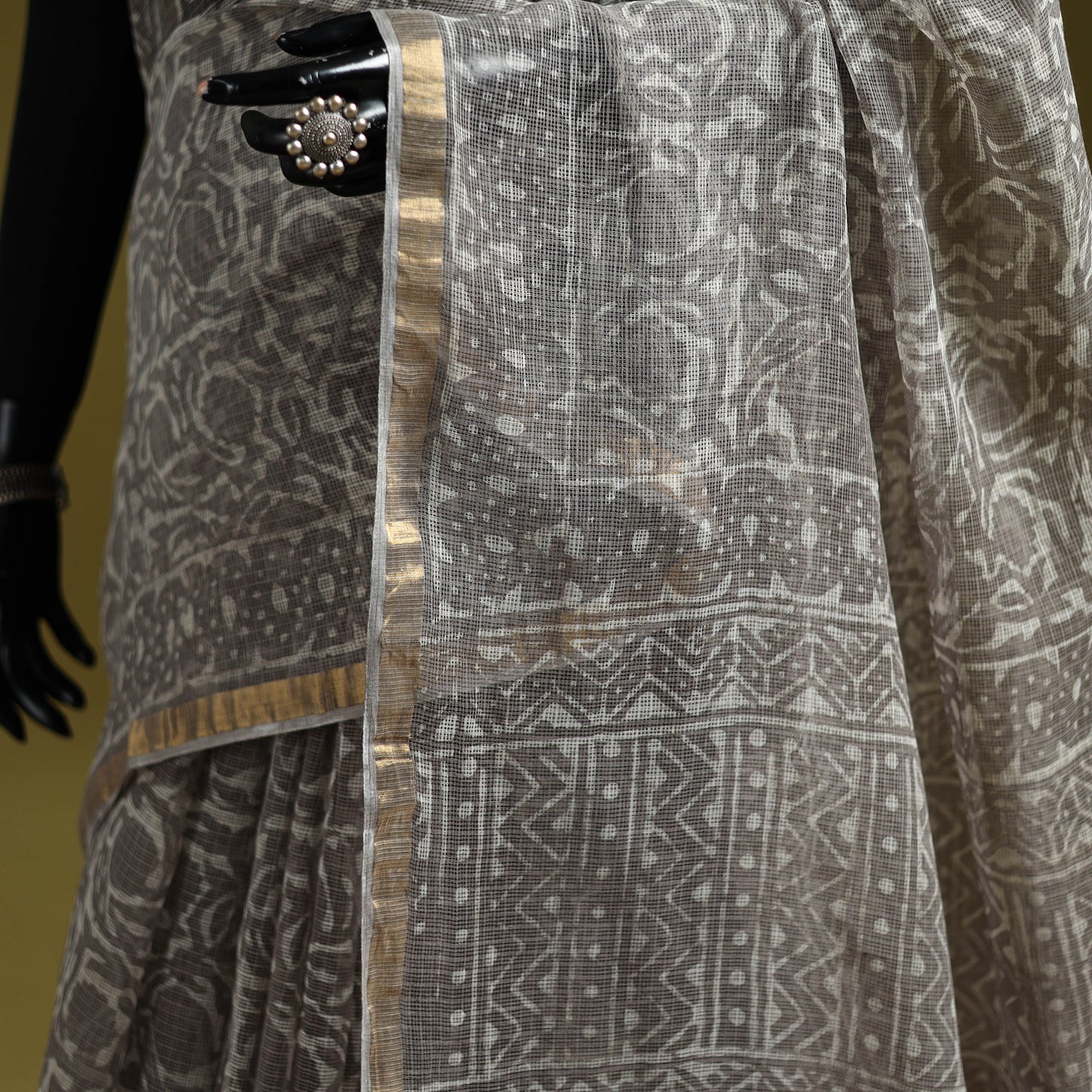 Brown - Batik Hand Block Print Kota Doria Cotton Saree 41