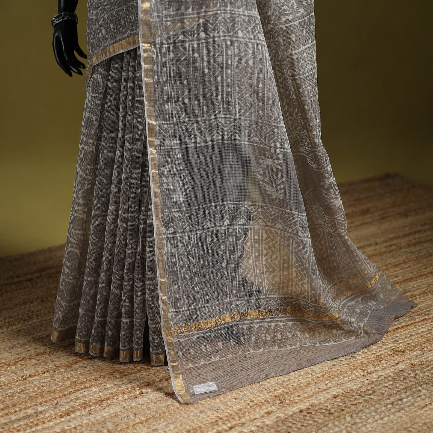 Brown - Batik Hand Block Print Kota Doria Cotton Saree 41