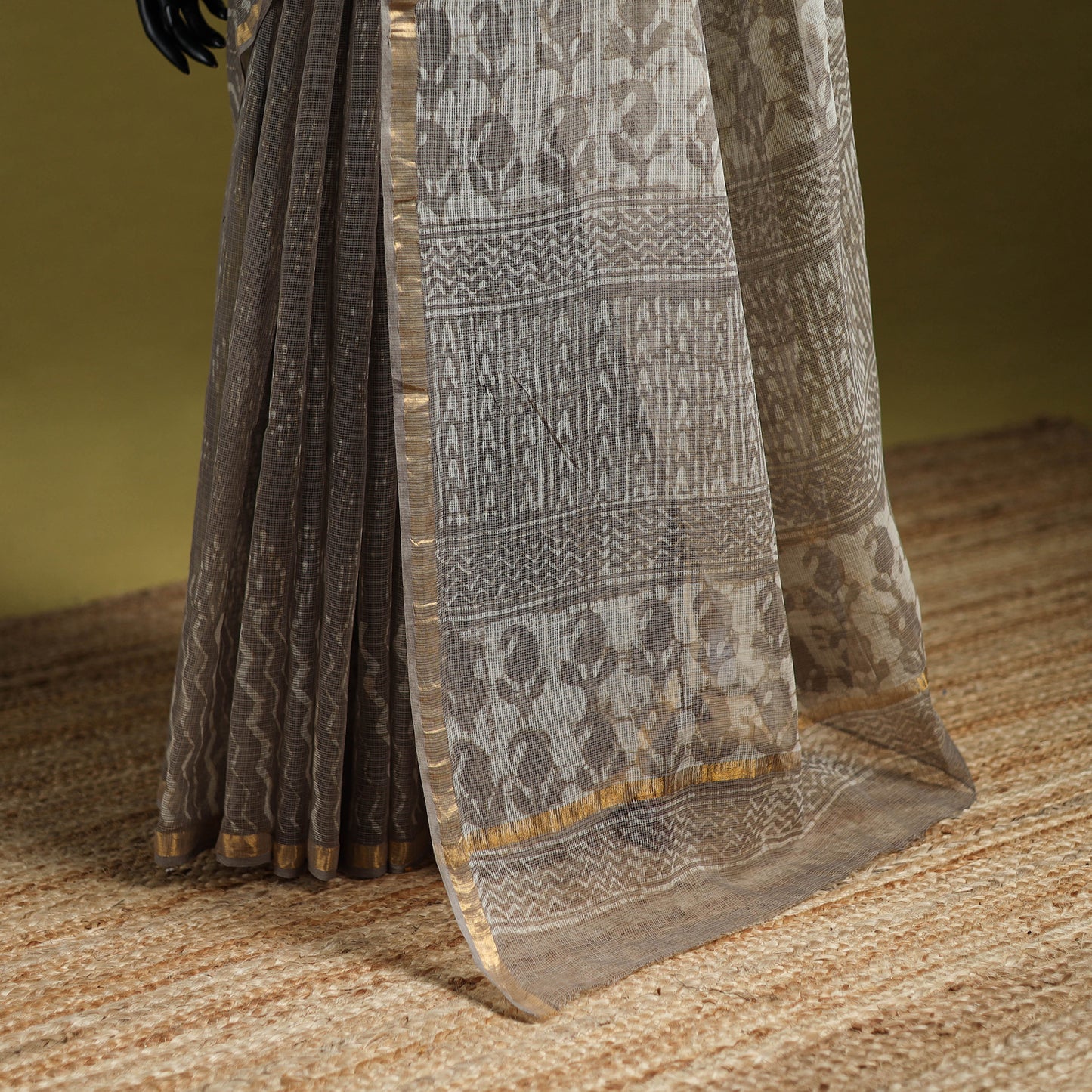 Brown - Batik Hand Block Print Kota Doria Cotton Saree 43