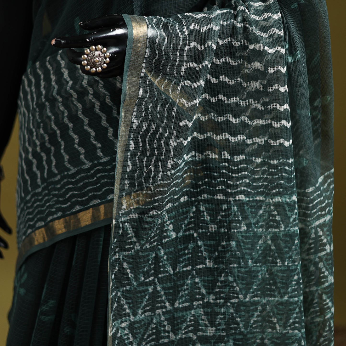 Green - Batik Hand Block Print Kota Doria Cotton Saree 44