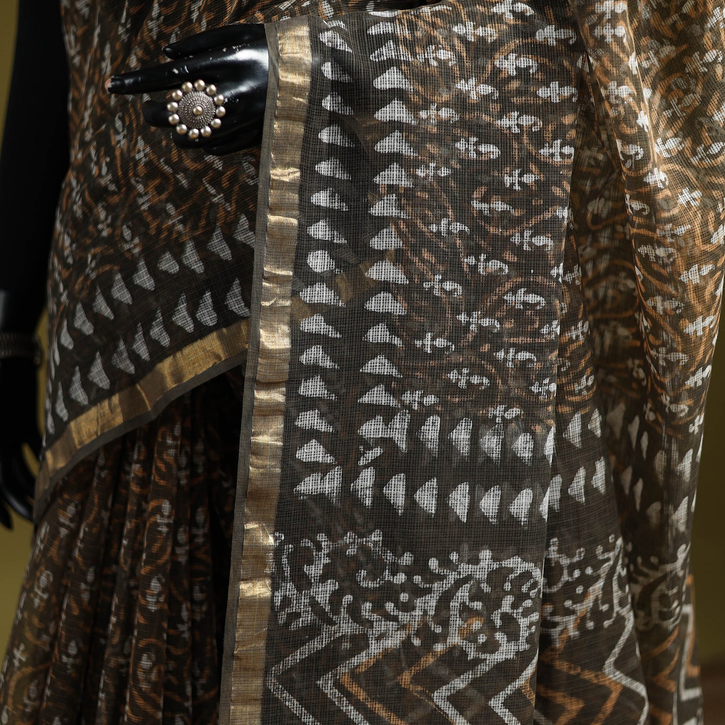 Brown - Batik Hand Block Print Kota Doria Cotton Saree 45