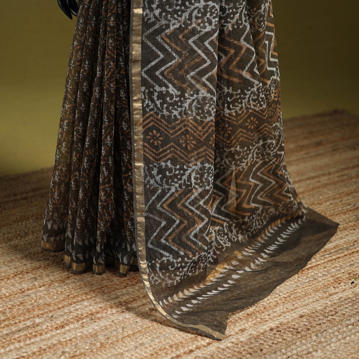 Brown - Batik Hand Block Print Kota Doria Cotton Saree 45