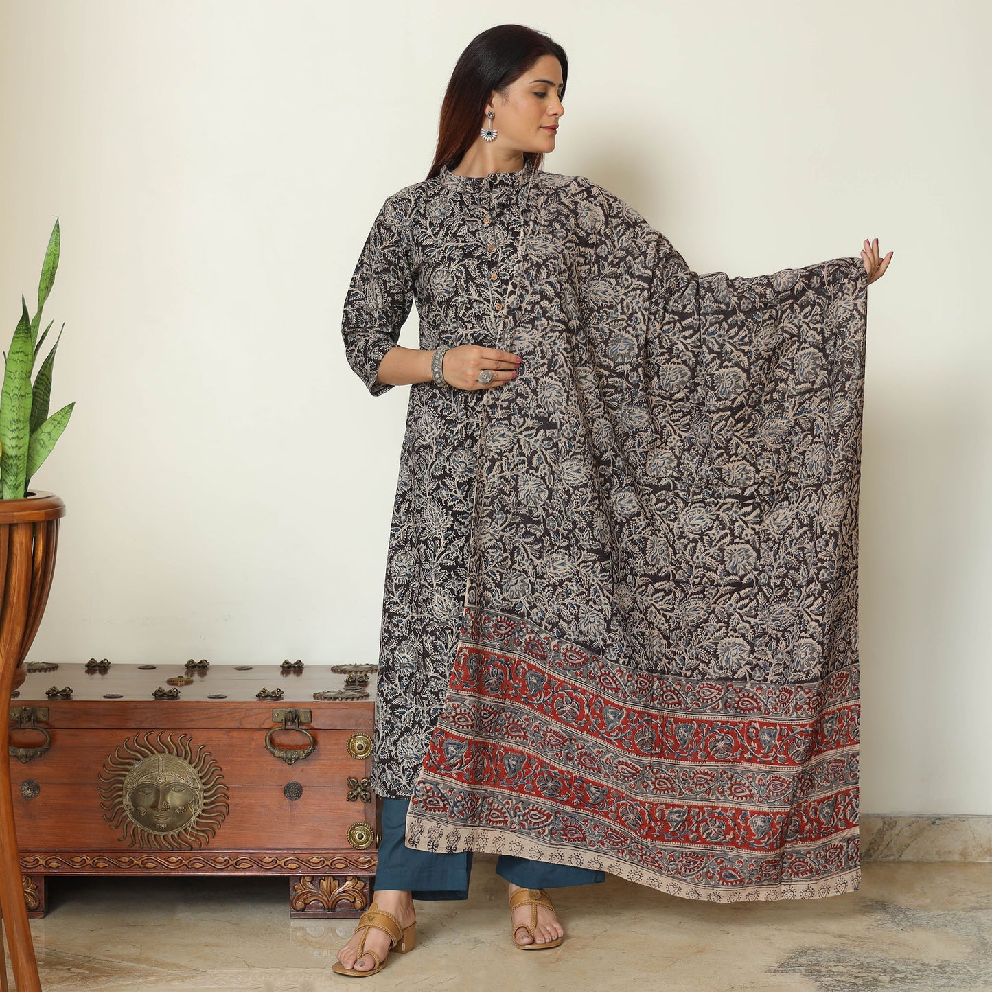 Black - Pedana Kalamkari Block Printed Cotton Kurta with Palazzo & Dupatta Set 10