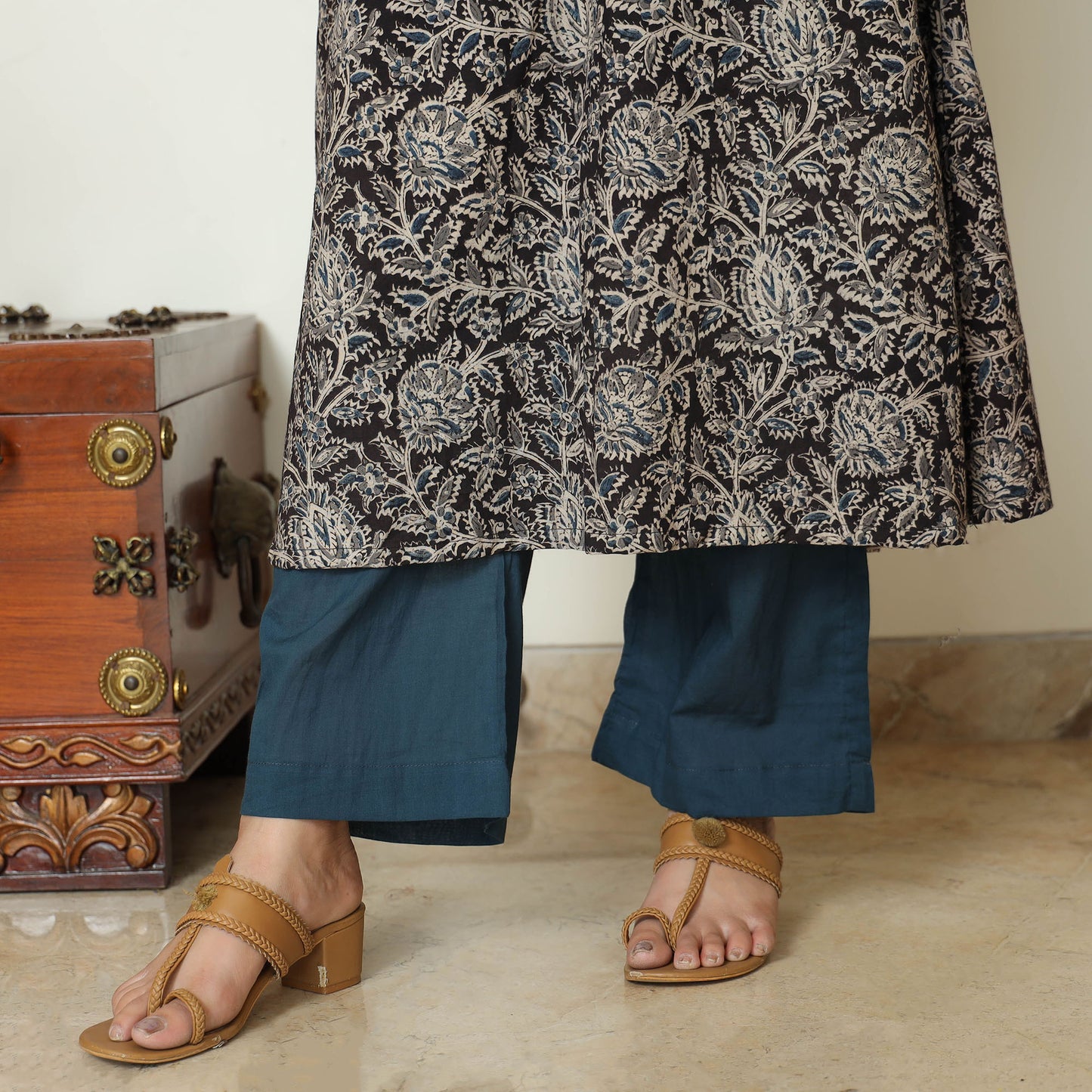 Black - Pedana Kalamkari Block Printed Cotton Kurta with Palazzo & Dupatta Set 10