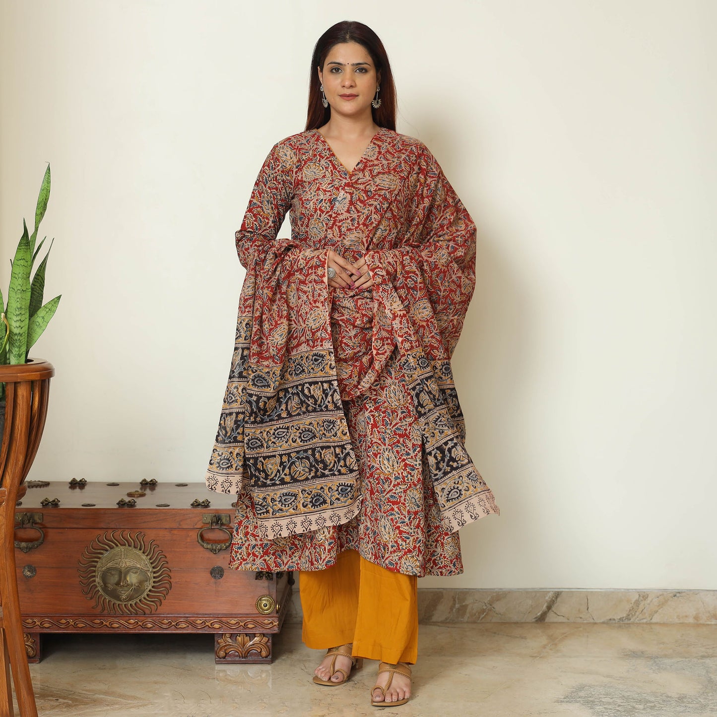 Red - Pedana Kalamkari Block Printed Cotton Kurta with Palazzo & Dupatta Set 08
