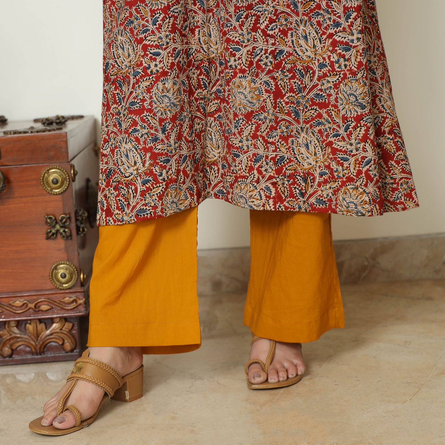 Red - Pedana Kalamkari Block Printed Cotton Kurta with Palazzo & Dupatta Set 08