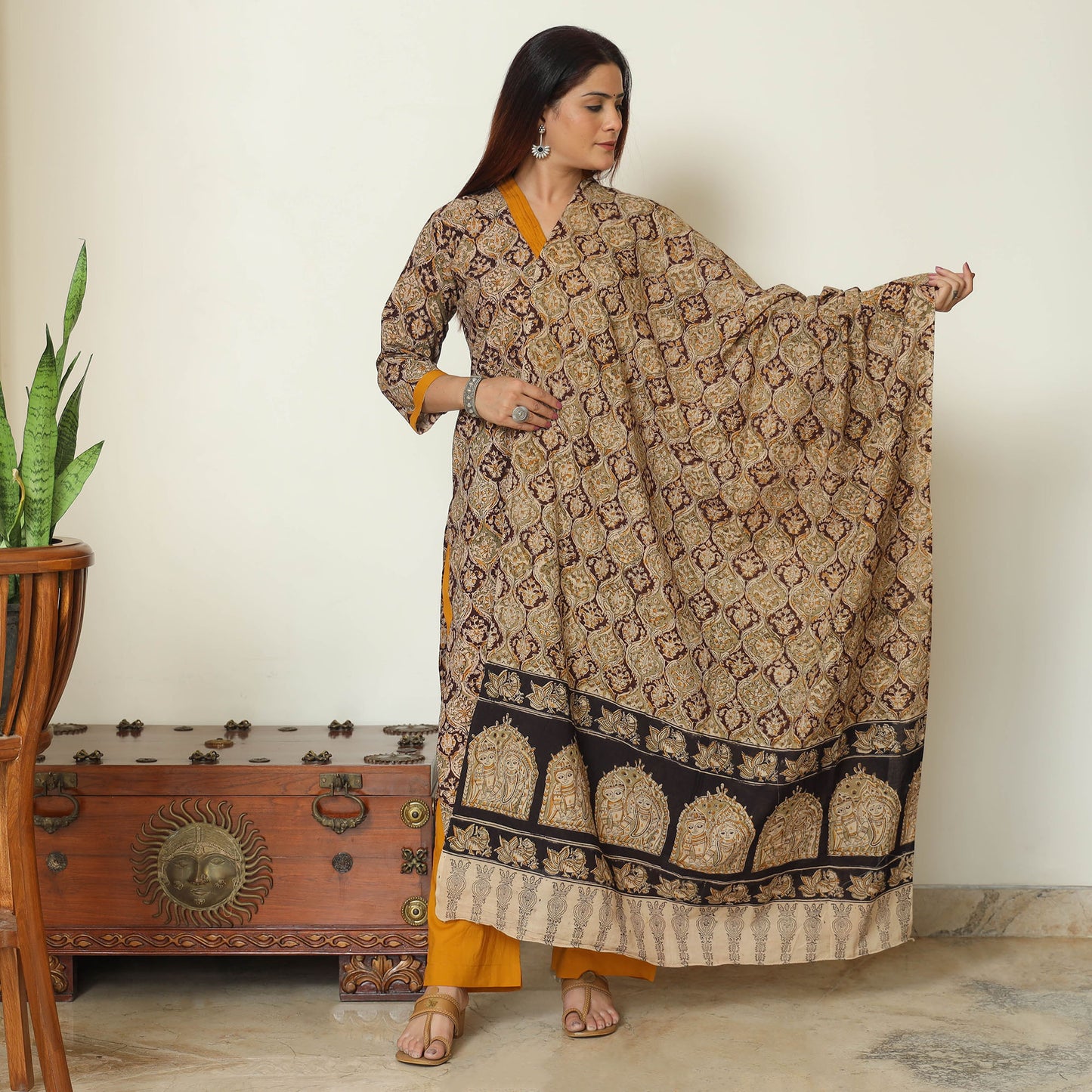 Brown - Pedana Kalamkari Block Printed Cotton Kurta with Palazzo & Dupatta Set 07