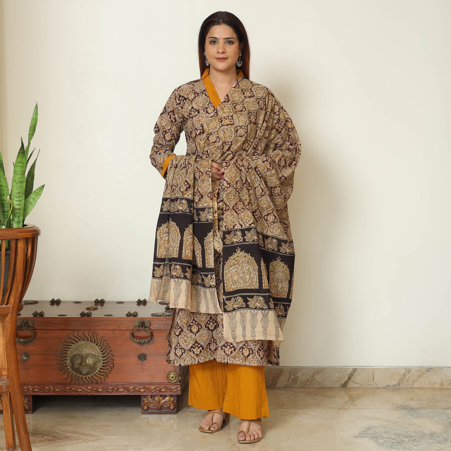 Brown - Pedana Kalamkari Block Printed Cotton Kurta with Palazzo & Dupatta Set 07
