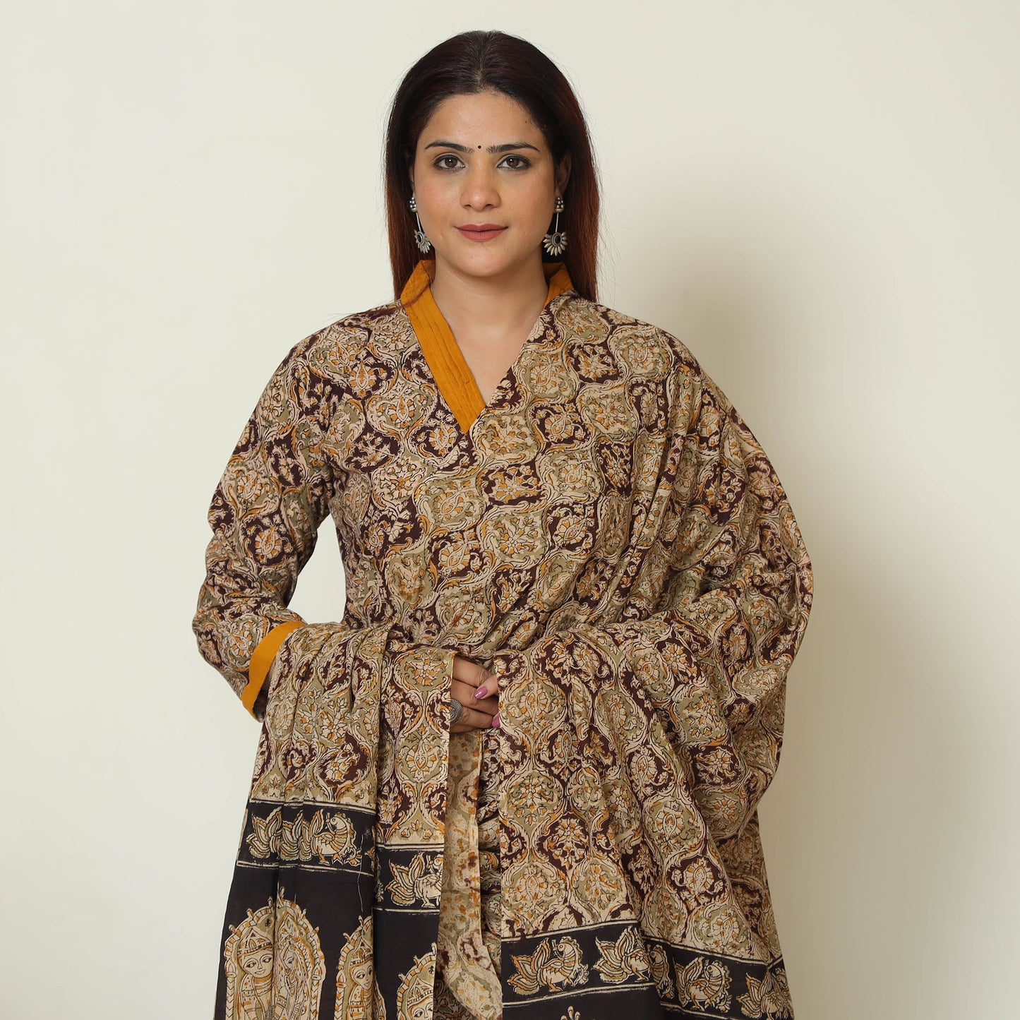 Brown - Pedana Kalamkari Block Printed Cotton Kurta with Palazzo & Dupatta Set 07