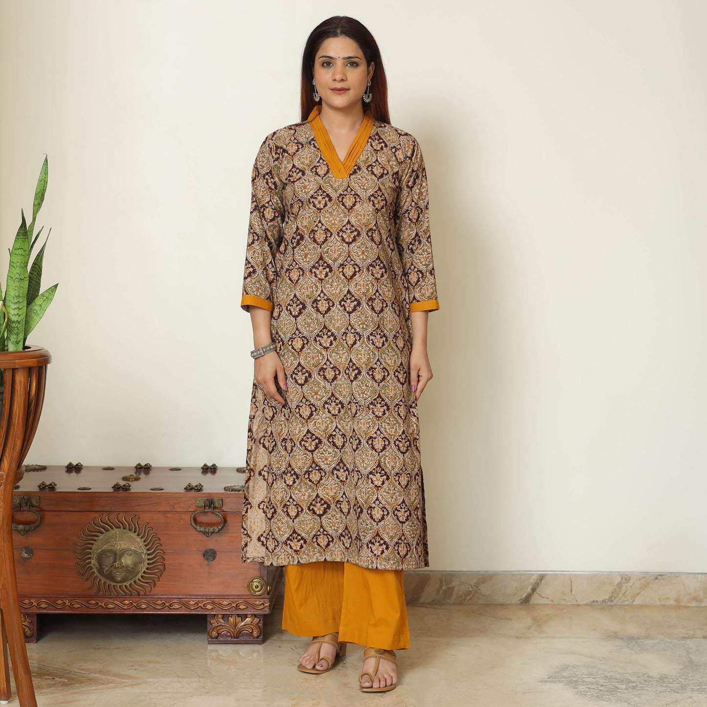 Brown - Pedana Kalamkari Block Printed Cotton Kurta with Palazzo & Dupatta Set 07