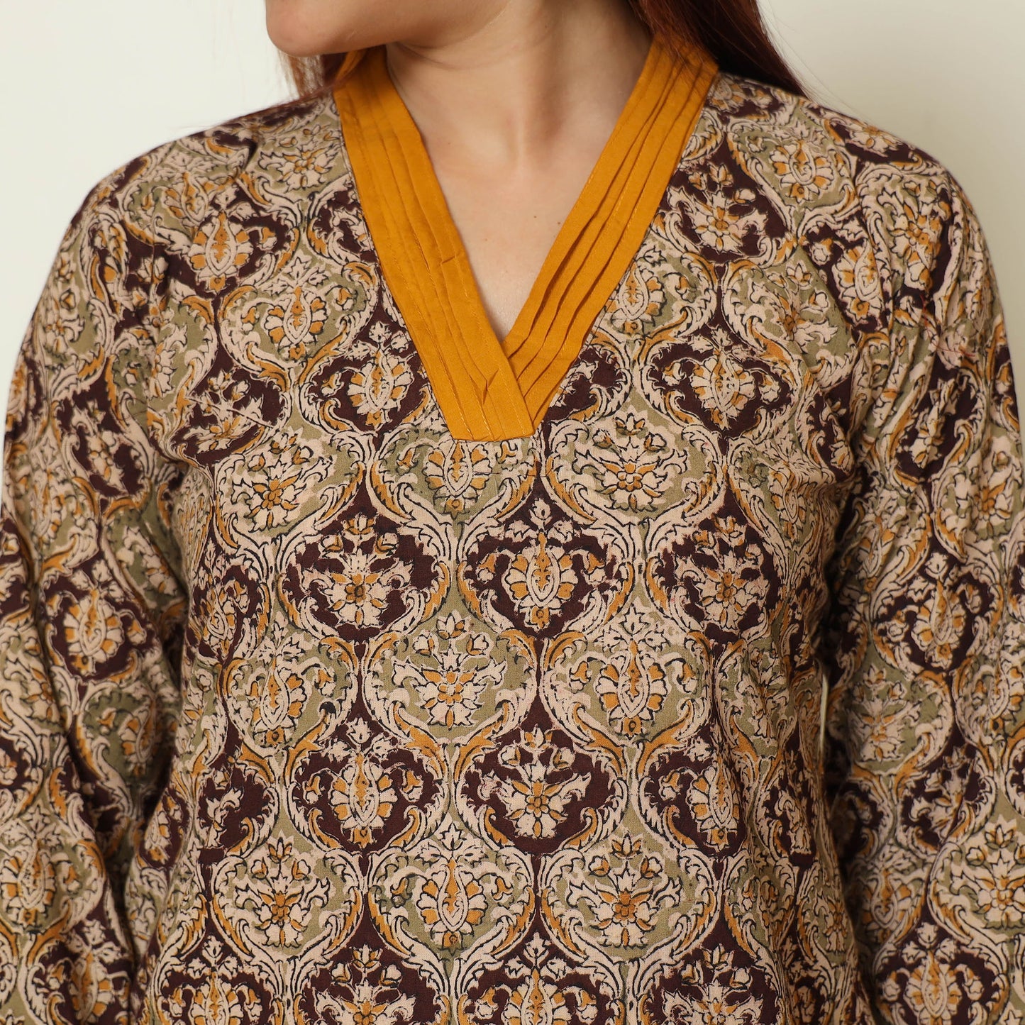 Brown - Pedana Kalamkari Block Printed Cotton Kurta with Palazzo & Dupatta Set 07