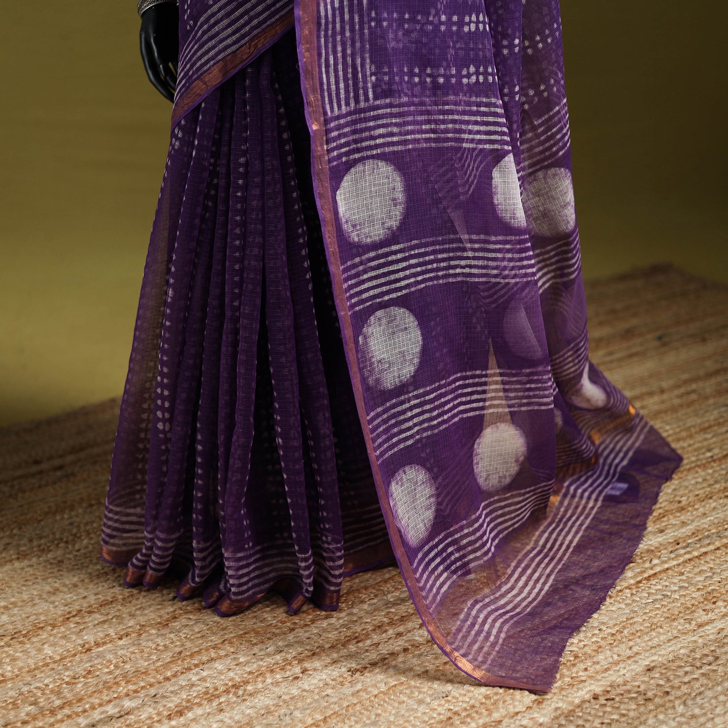 Purple - Batik Hand Block Print Kota Doria Cotton Saree 49