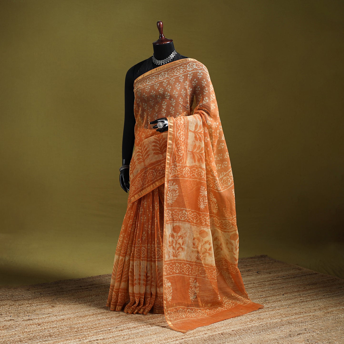 Orange - Batik Hand Block Print Kota Doria Cotton Saree 48