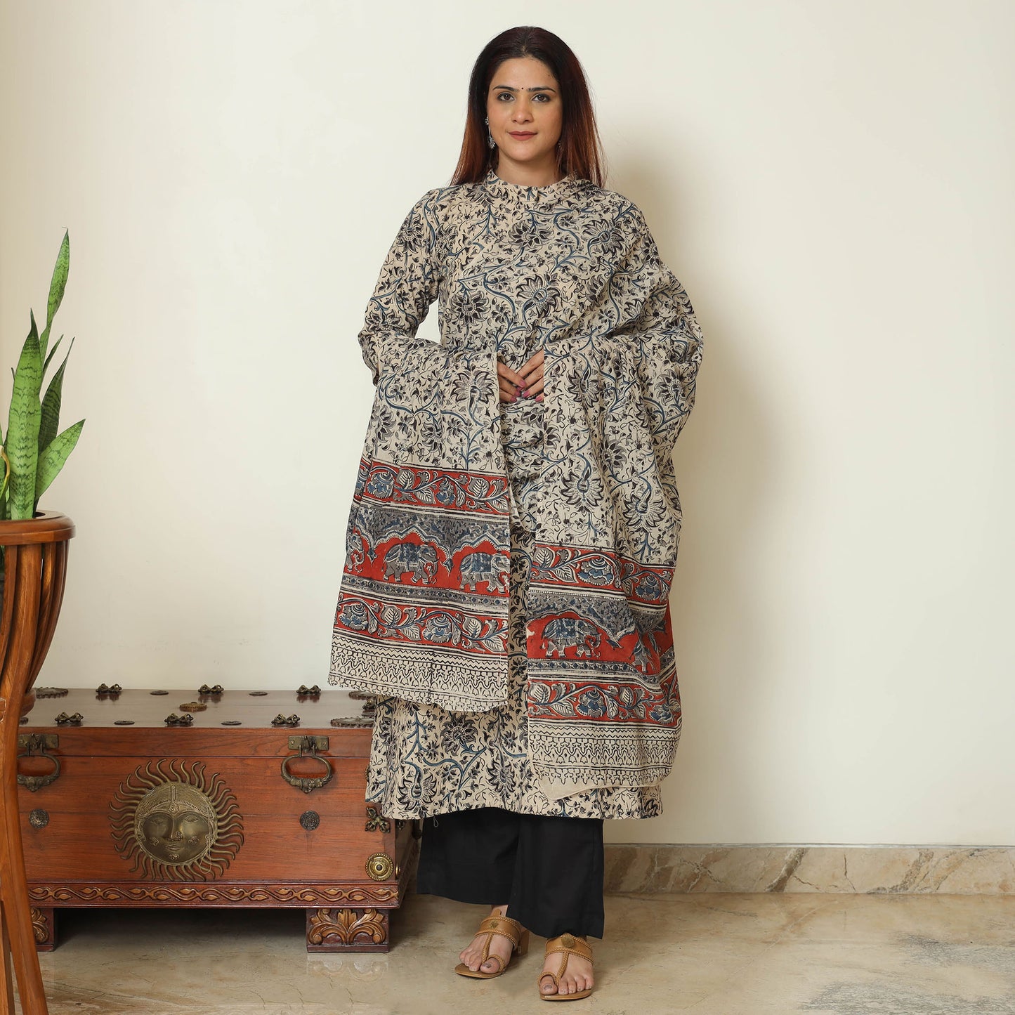 Beige - Pedana Kalamkari Block Printed Cotton Kurta with Palazzo & Dupatta Set 03