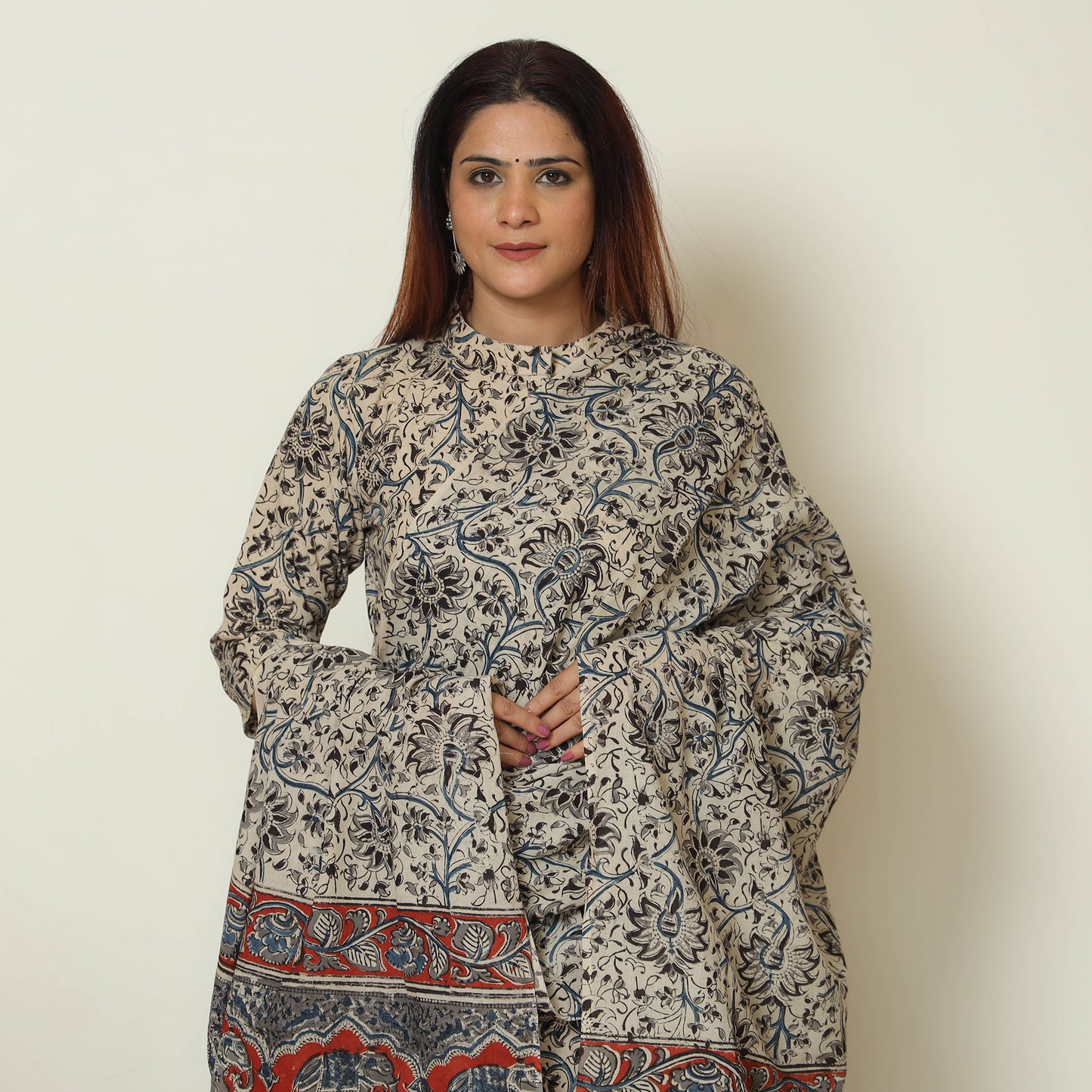 Beige - Pedana Kalamkari Block Printed Cotton Kurta with Palazzo & Dupatta Set 03
