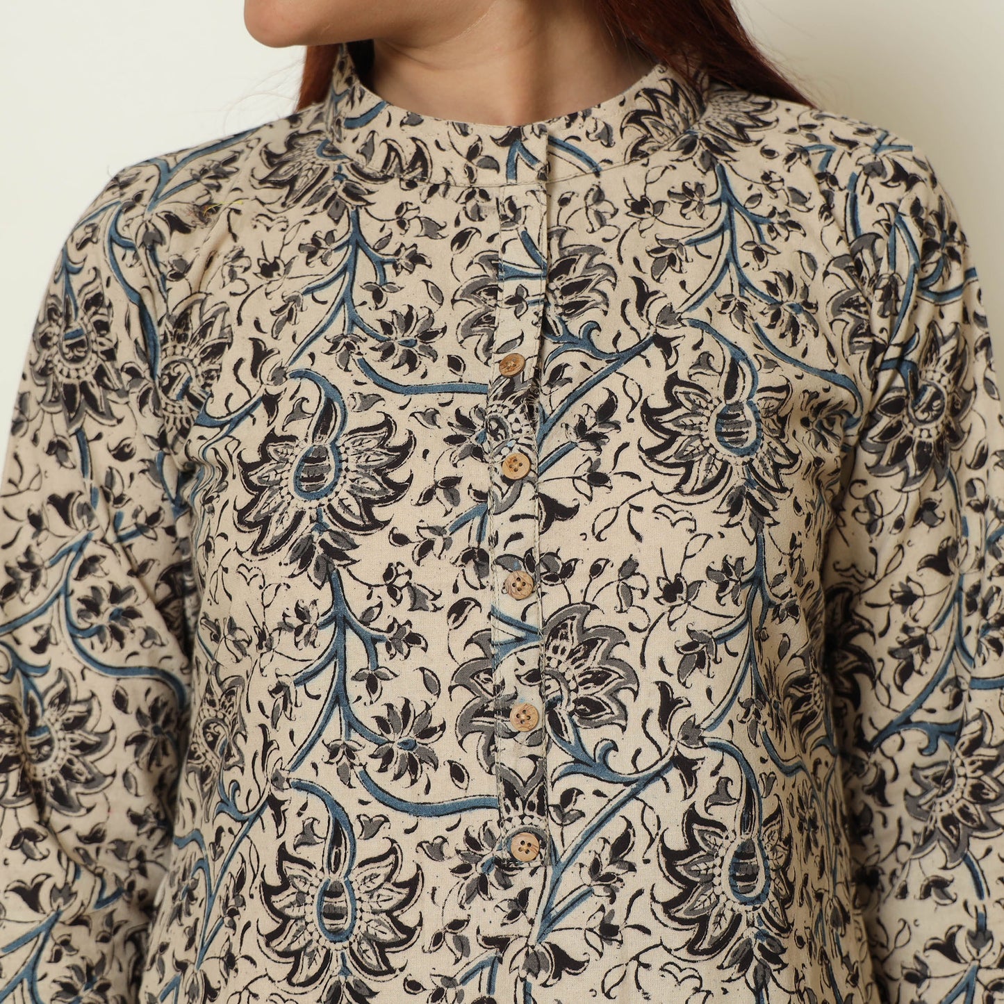 Beige - Pedana Kalamkari Block Printed Cotton Kurta with Palazzo & Dupatta Set 03