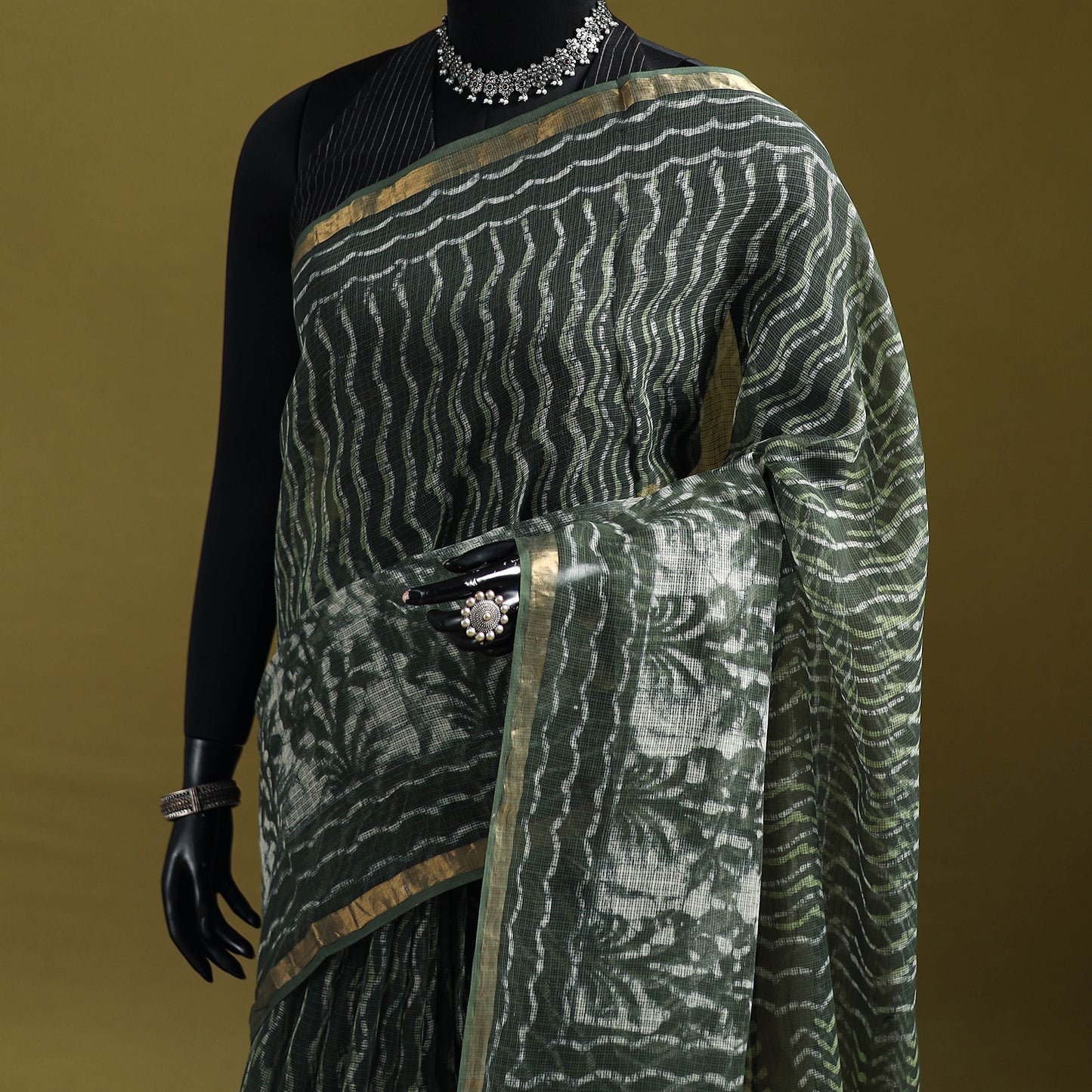 Green - Batik Hand Block Print Kota Doria Cotton Saree 52