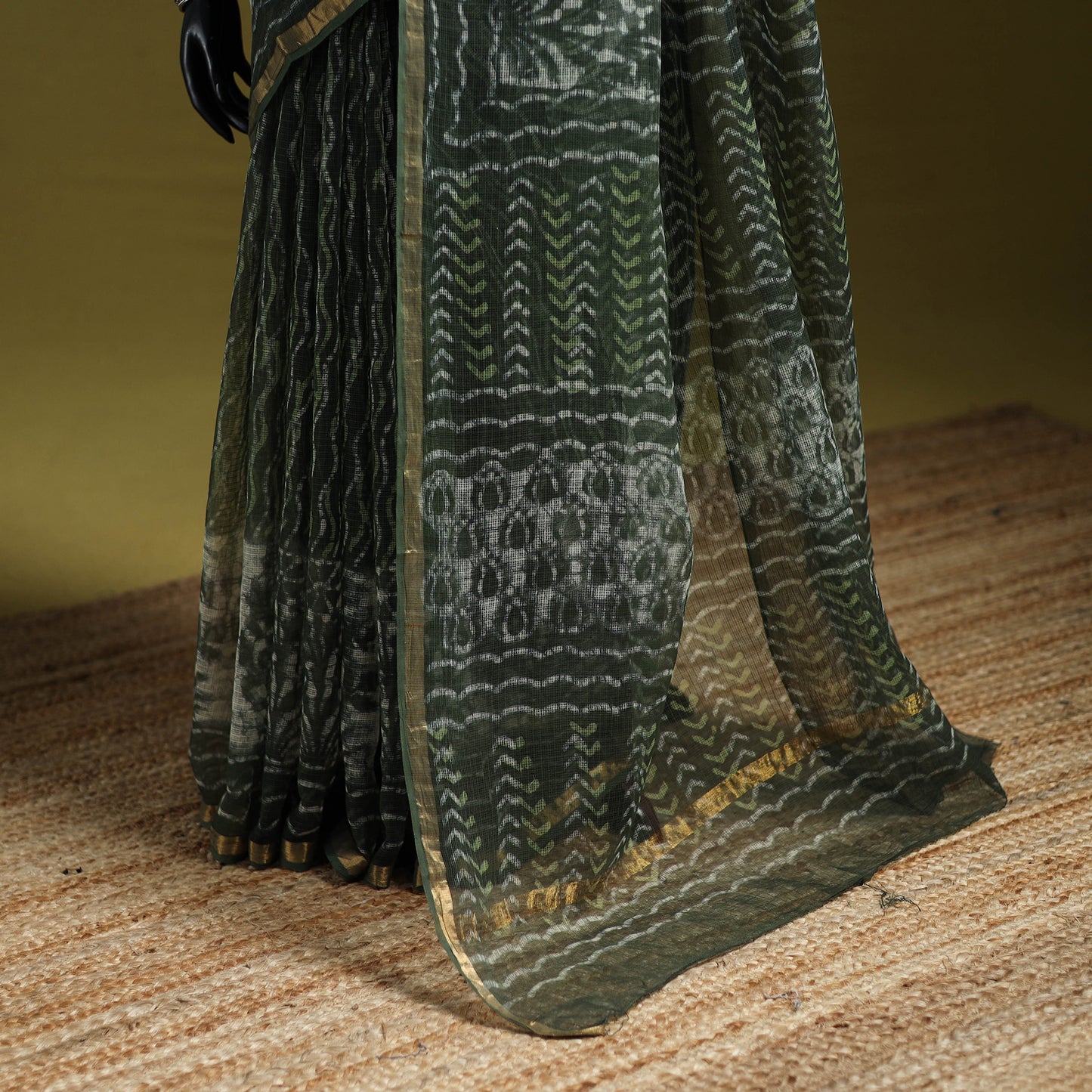 Green - Batik Hand Block Print Kota Doria Cotton Saree 52