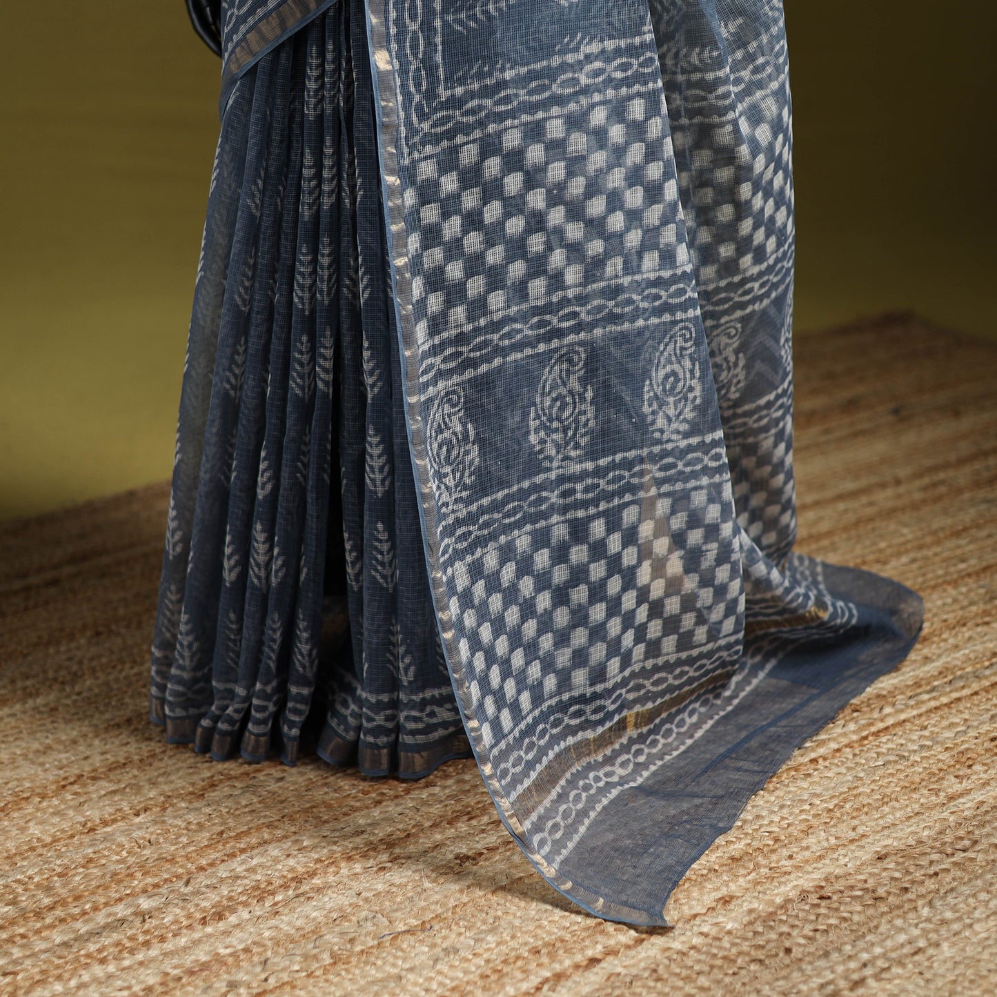 Blue - Batik Hand Block Print Kota Doria Cotton Saree 53