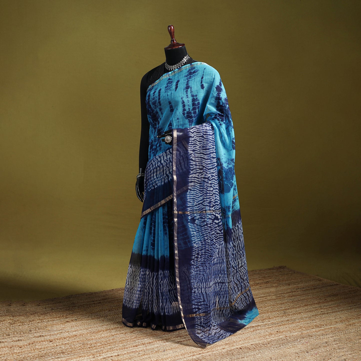 Blue - Shibori Tie-Dye Kota Doria Cotton Saree 54