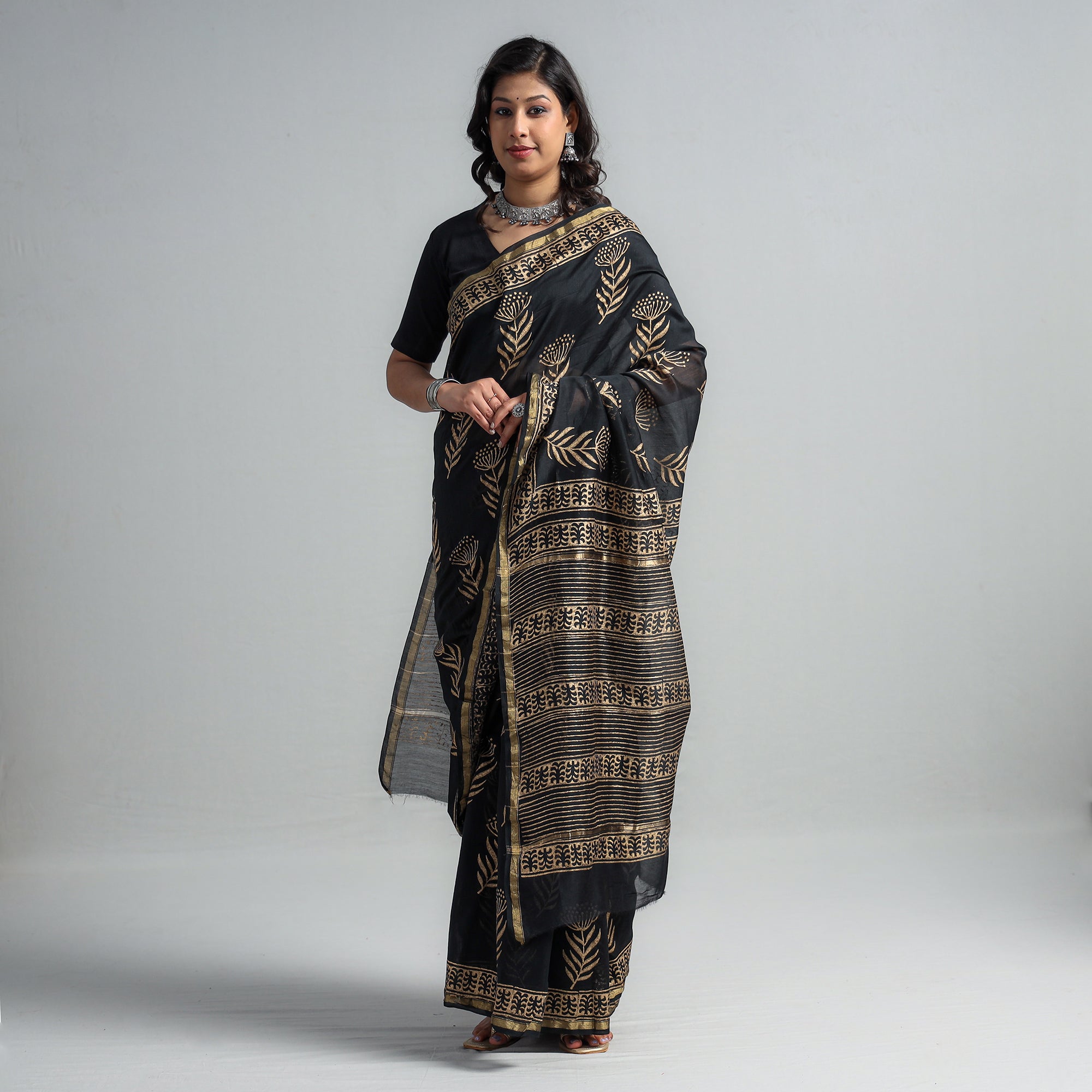 Buy Block Printed Chanderi Silk Sanganeri Saree  iTokri .