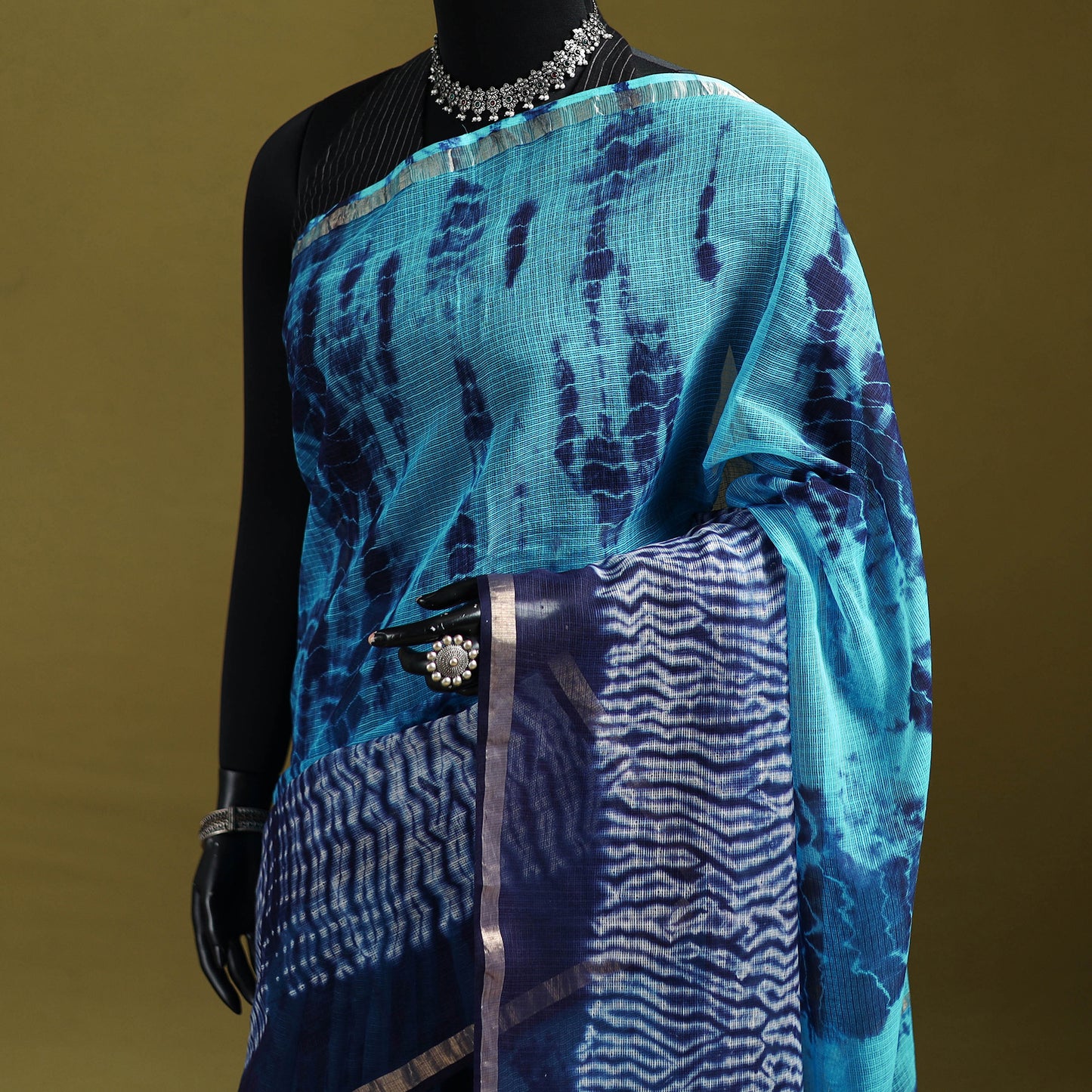 Blue - Shibori Tie-Dye Kota Doria Cotton Saree 54