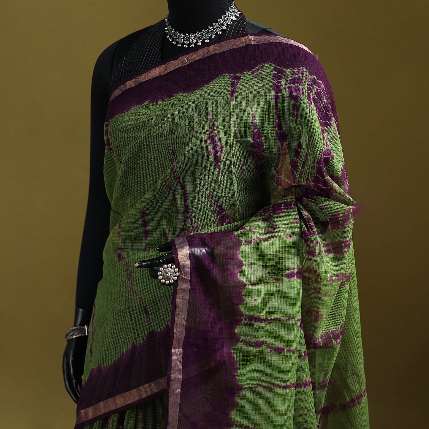 Green - Shibori Tie-Dye Kota Doria Cotton Saree 58