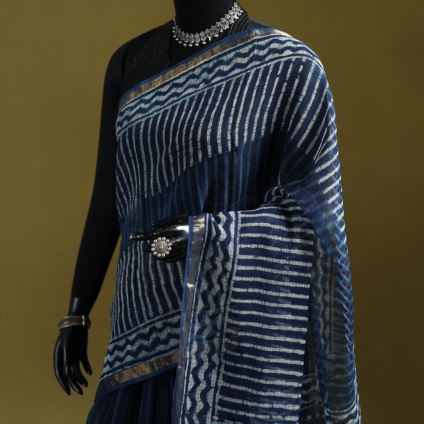 Blue - Indigo Bagru Hand Block Print Kota Doria Cotton Saree 63