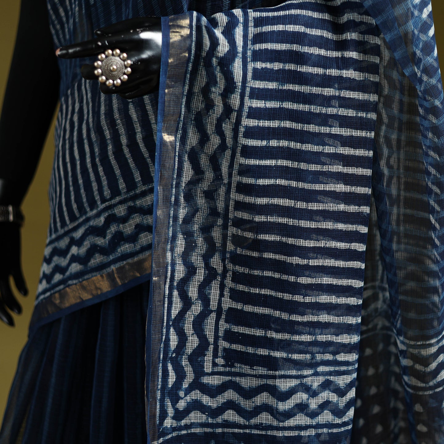Blue - Indigo Bagru Hand Block Print Kota Doria Cotton Saree 63