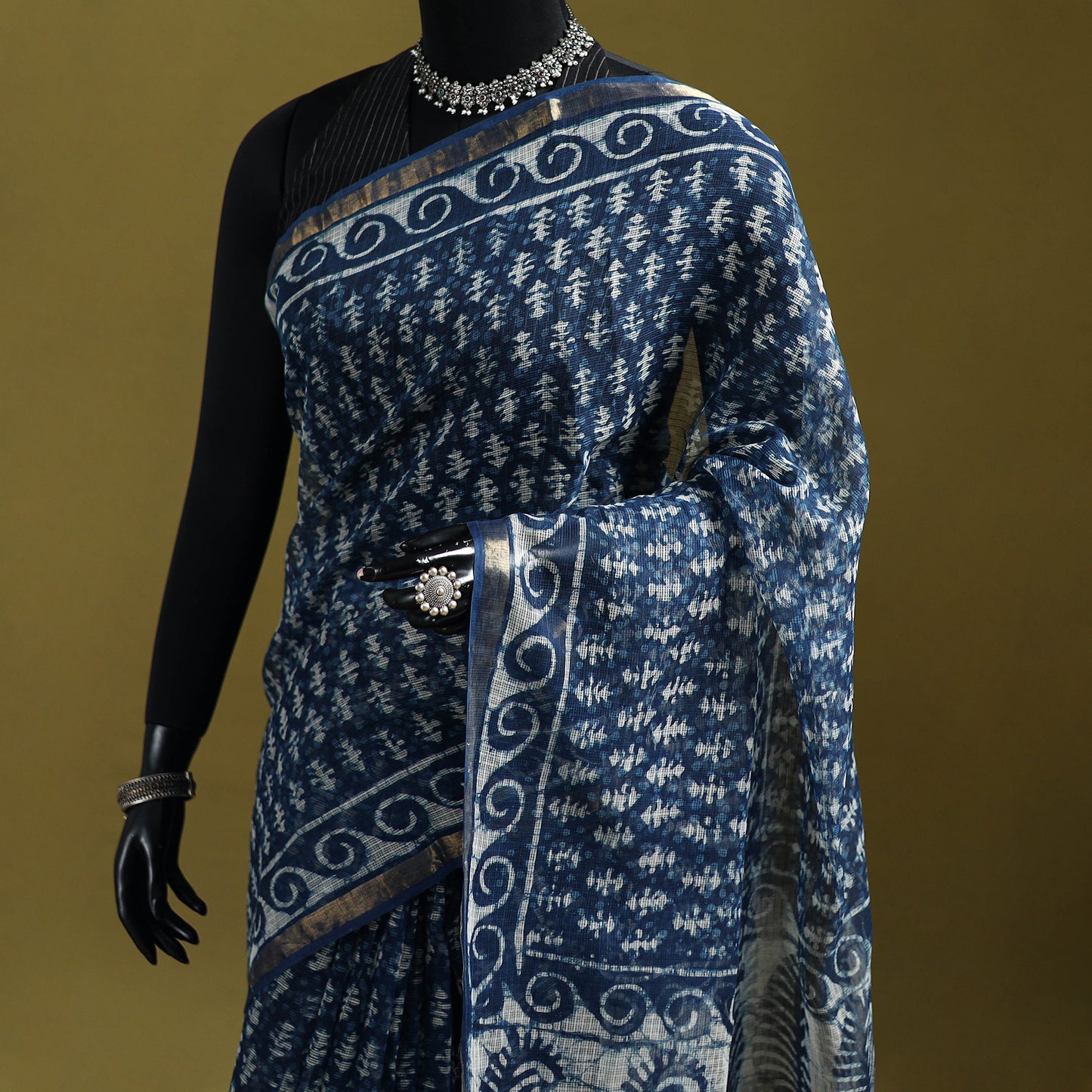 Blue - Indigo Bagru Hand Block Print Kota Doria Cotton Saree 61