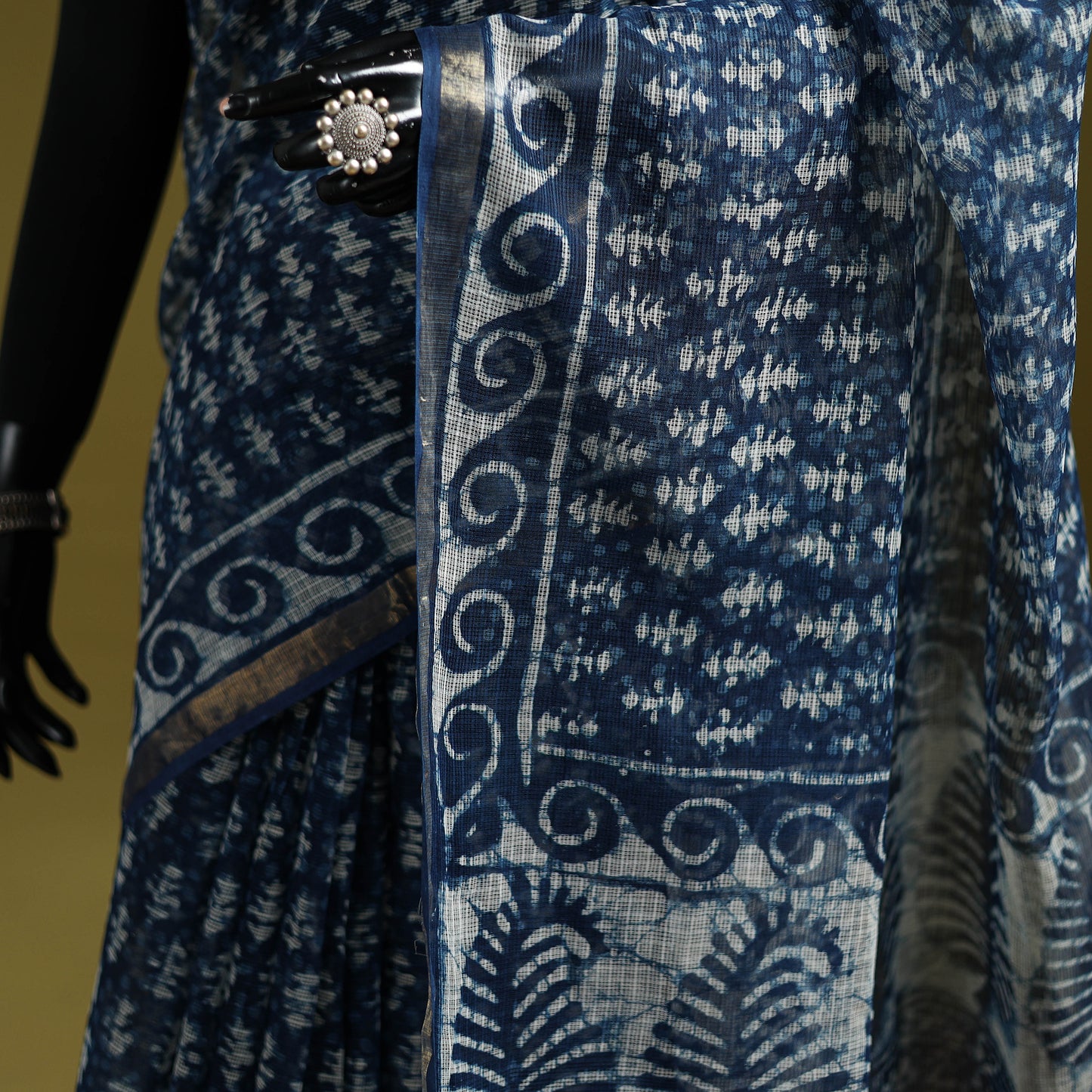 Blue - Indigo Bagru Hand Block Print Kota Doria Cotton Saree 61
