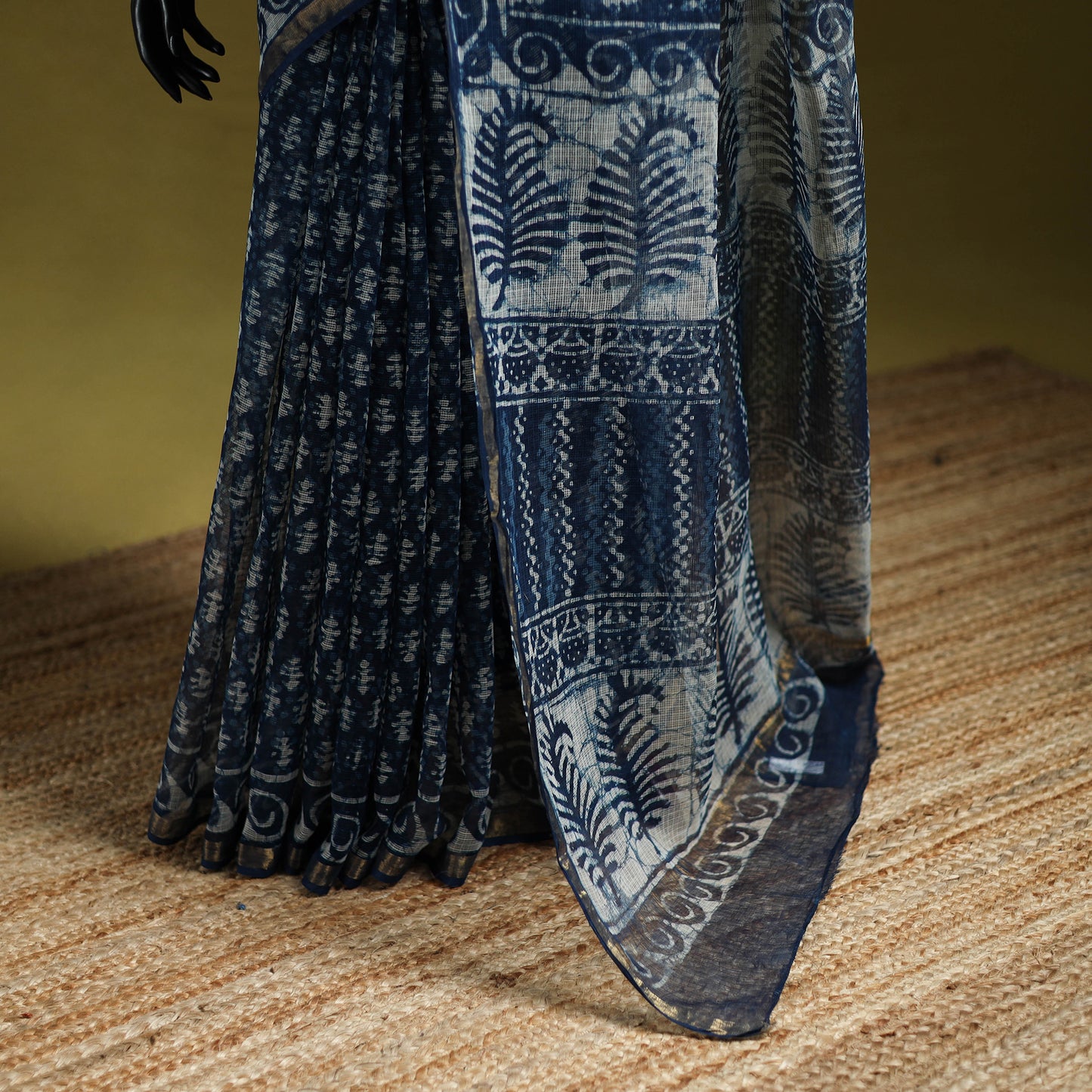 Blue - Indigo Bagru Hand Block Print Kota Doria Cotton Saree 61