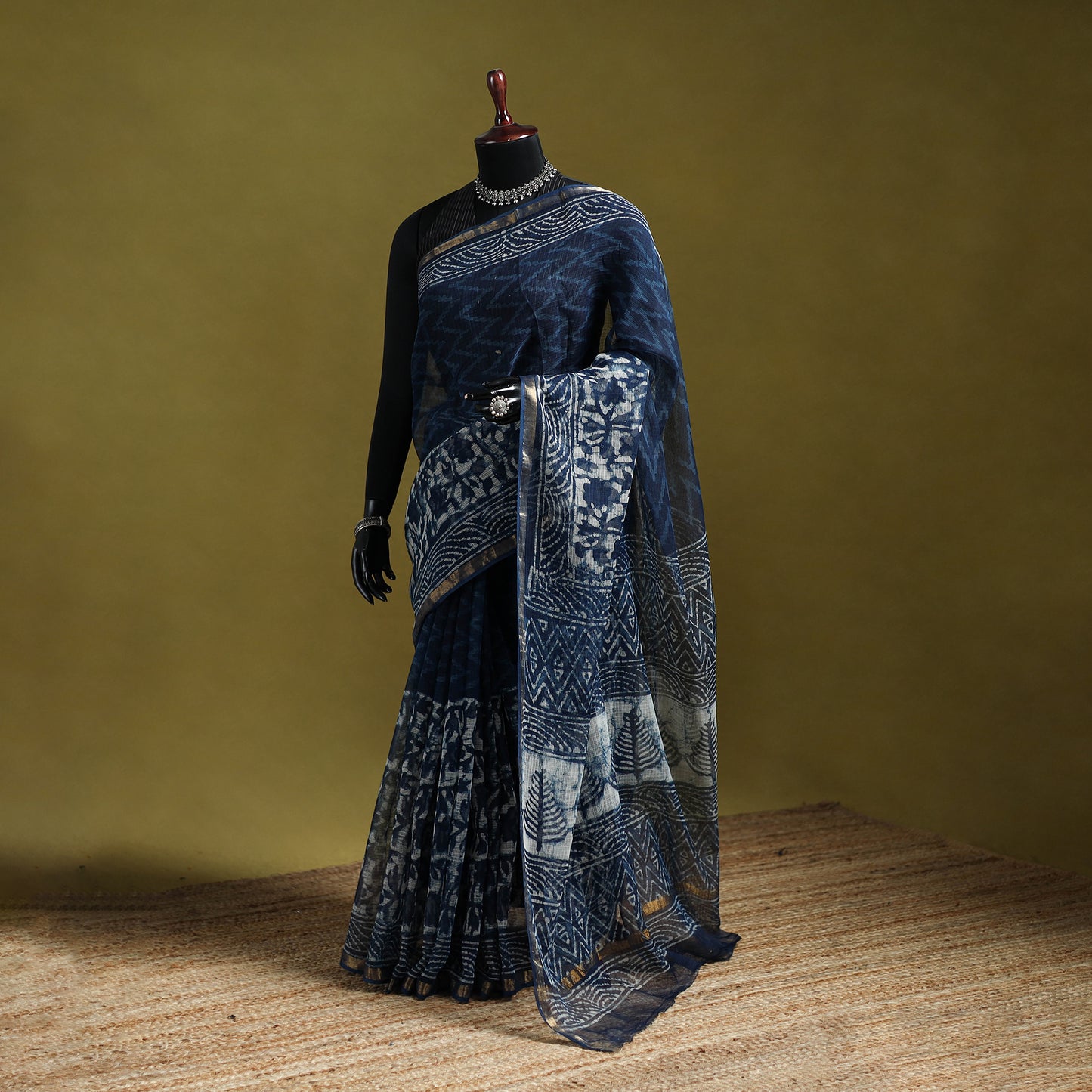Indigo Bagru Hand Block Print Kota Doria Cotton Saree 62