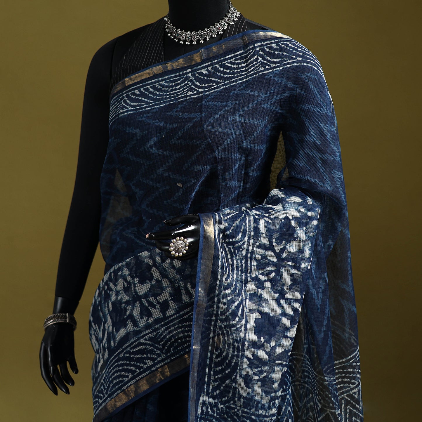 Indigo Bagru Hand Block Print Kota Doria Cotton Saree 62