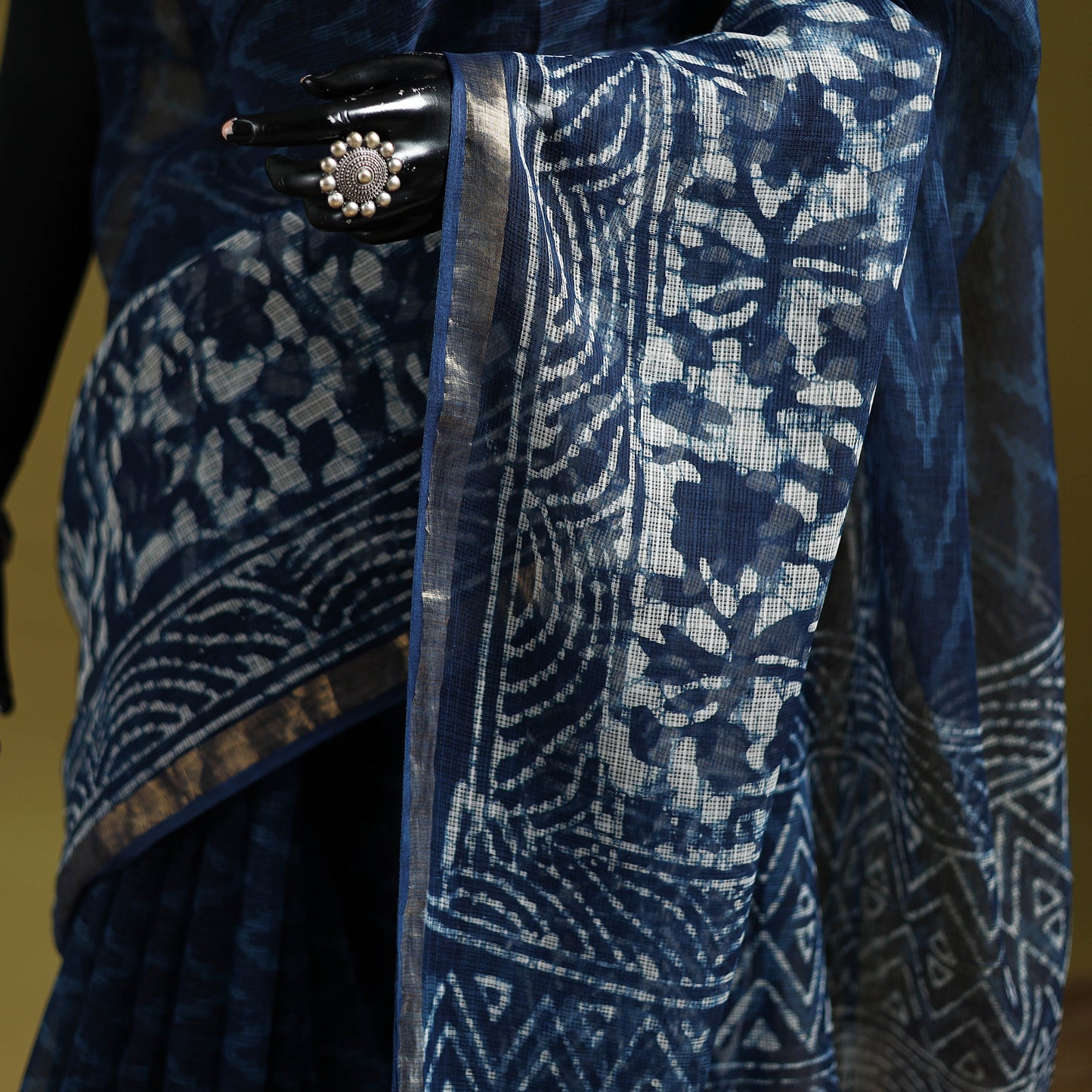 Indigo Bagru Hand Block Print Kota Doria Cotton Saree 62