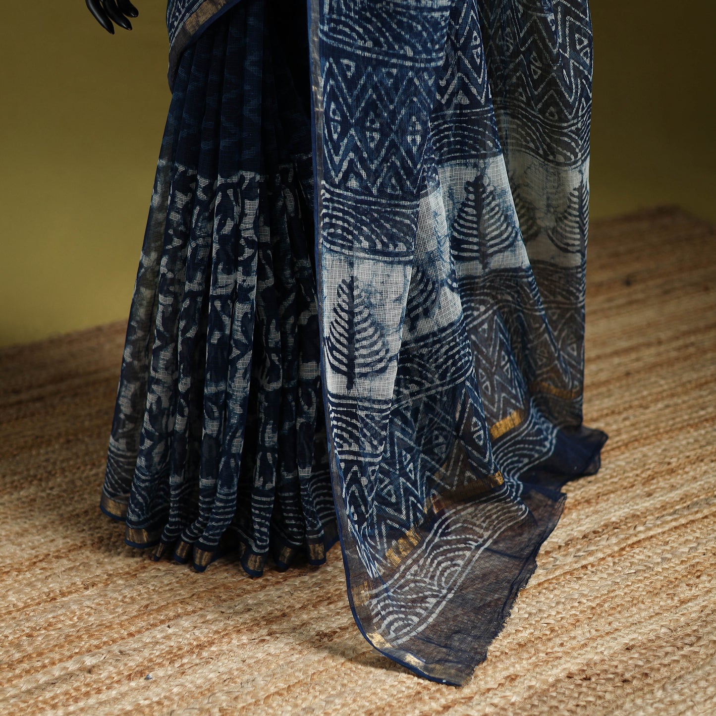 Indigo Bagru Hand Block Print Kota Doria Cotton Saree 62