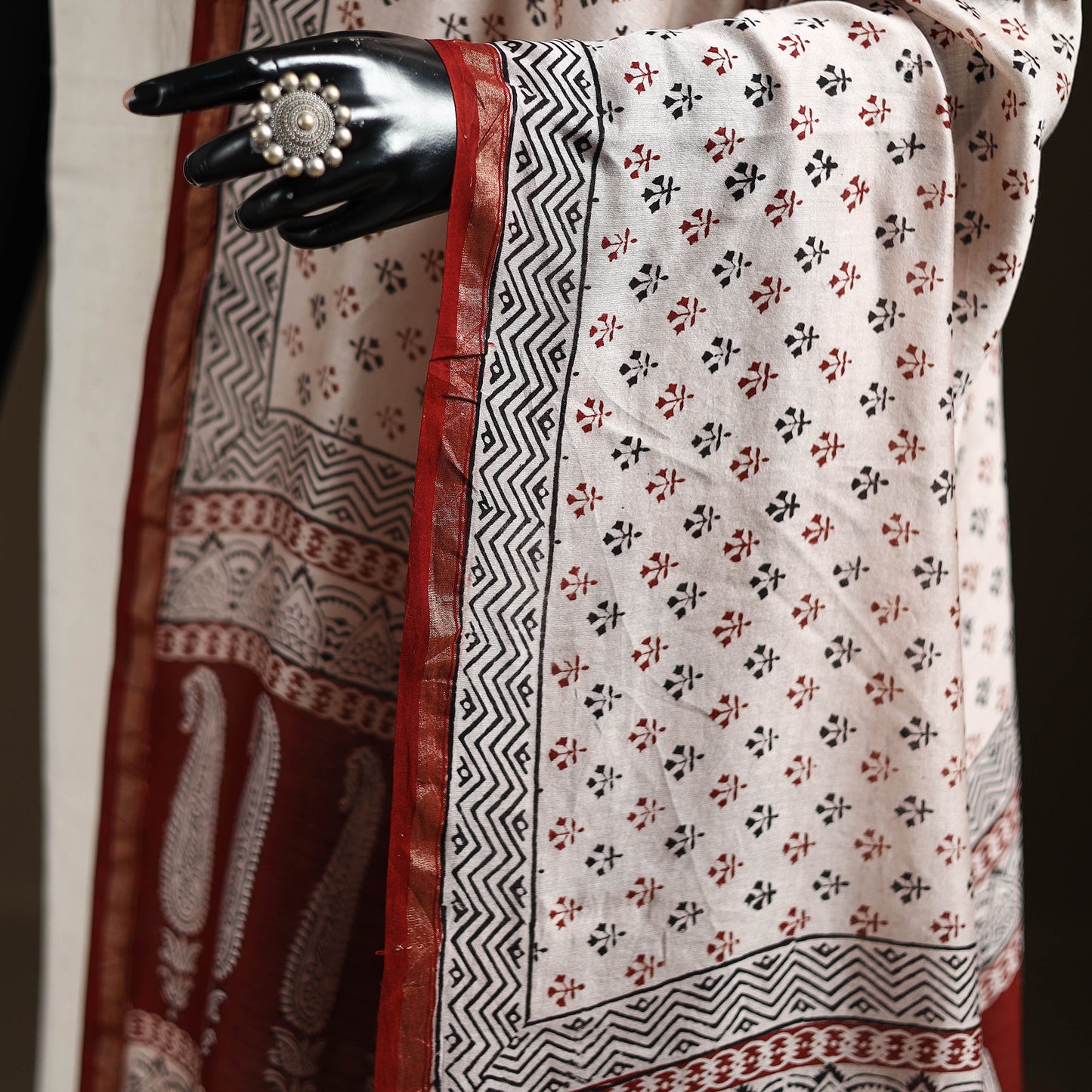 Beige - Bagh Hand Block Print Natural Dyed Chanderi Silk Handloom Dupatta 01