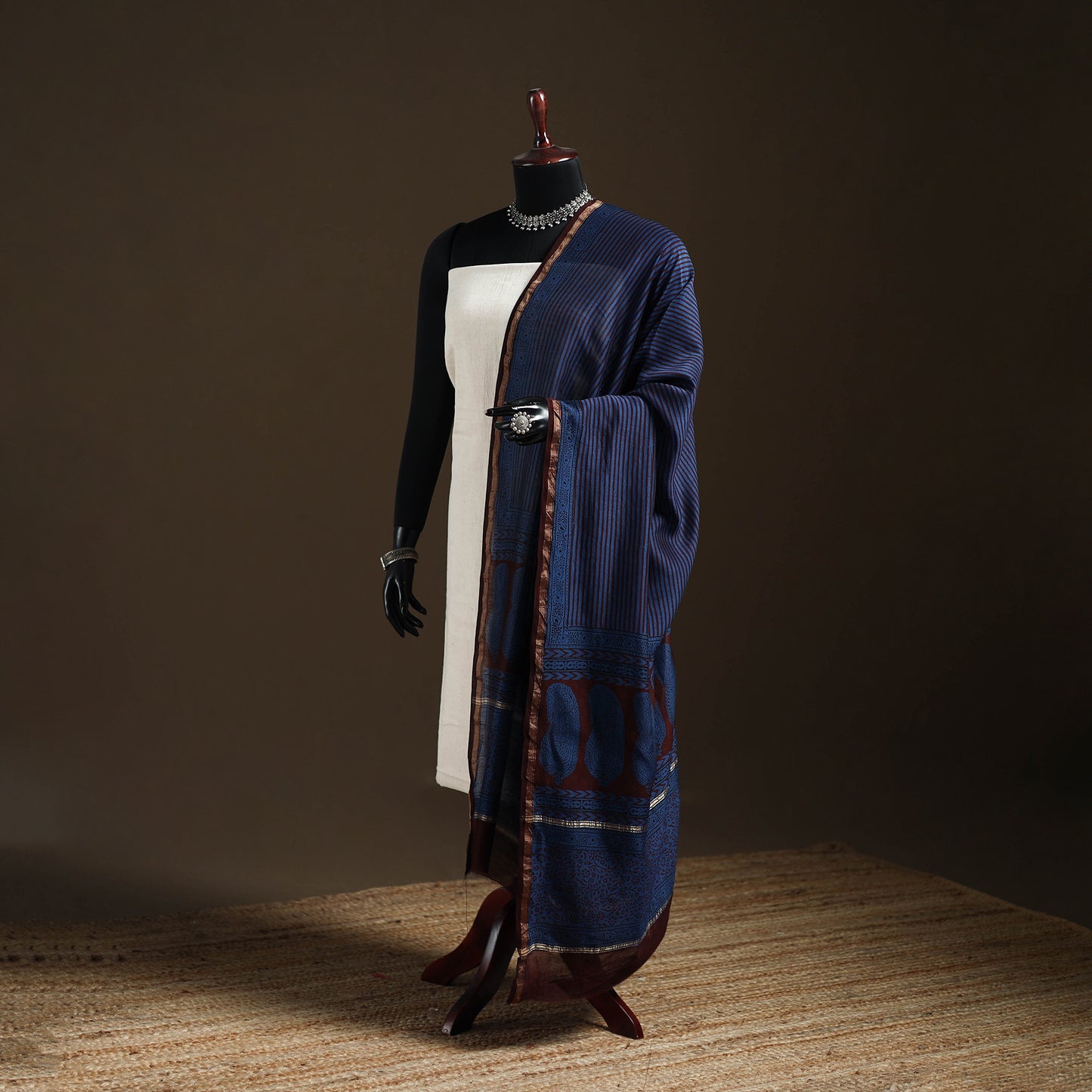 Blue - Bagh Hand Block Print Natural Dyed Chanderi Silk Handloom Dupatta 02