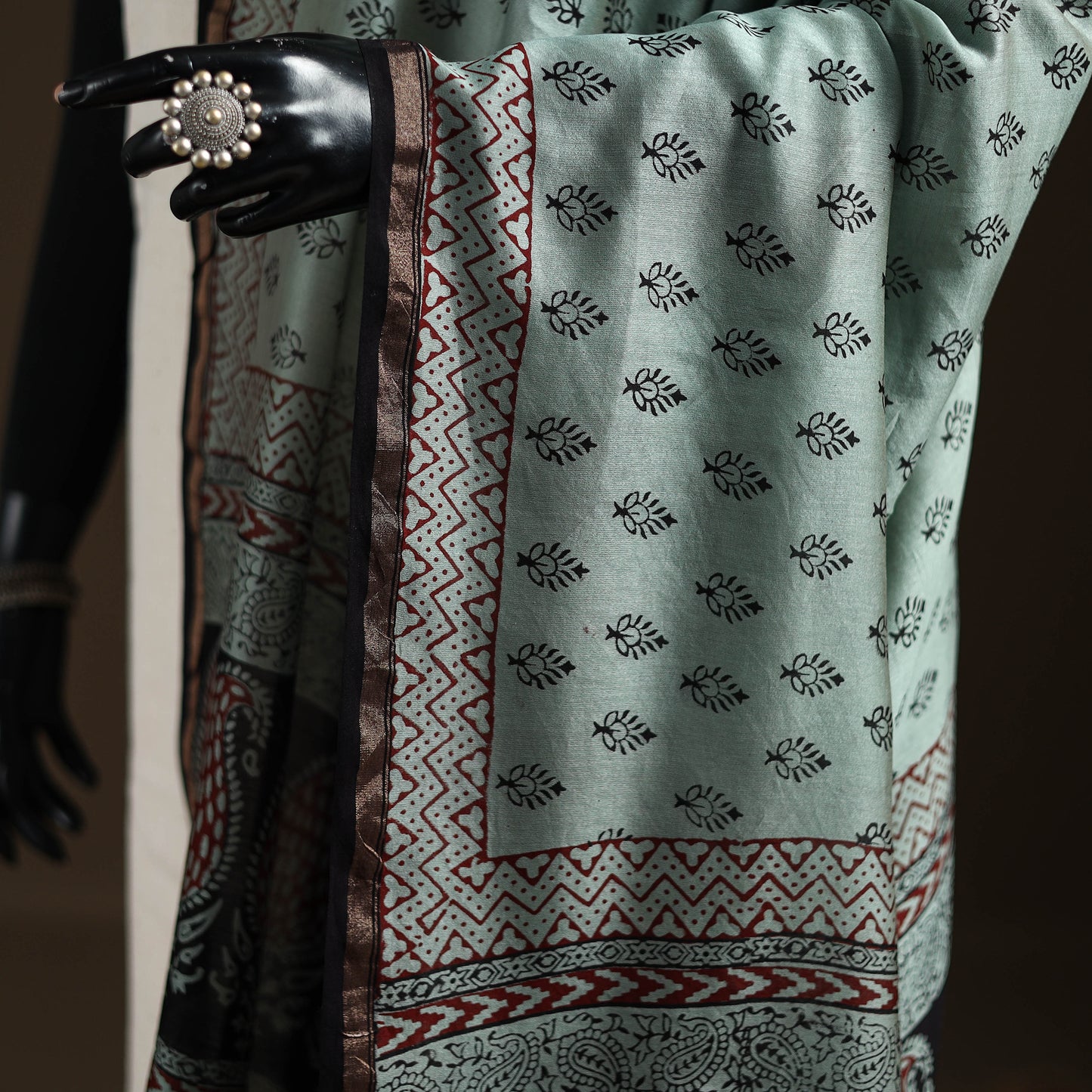Green - Bagh Hand Block Print Natural Dyed Chanderi Silk Handloom Dupatta 04