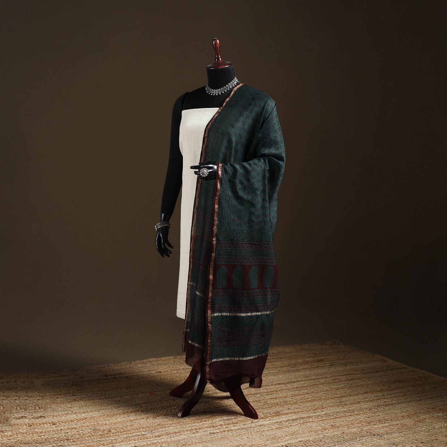 Green - Bagh Hand Block Print Natural Dyed Chanderi Silk Handloom Dupatta 06
