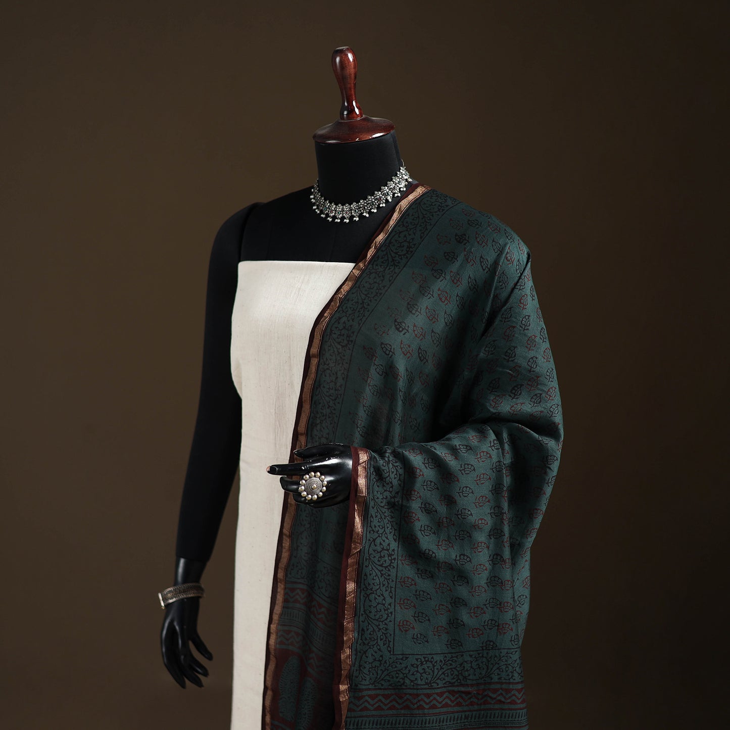 Green - Bagh Hand Block Print Natural Dyed Chanderi Silk Handloom Dupatta 06