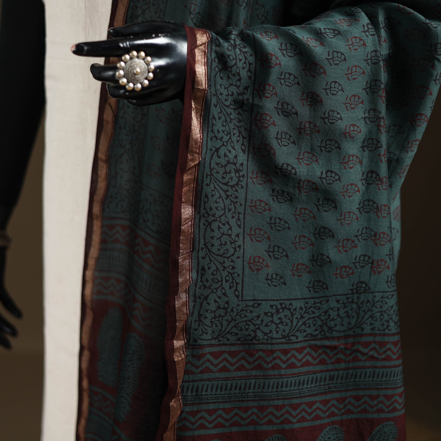 Green - Bagh Hand Block Print Natural Dyed Chanderi Silk Handloom Dupatta 06