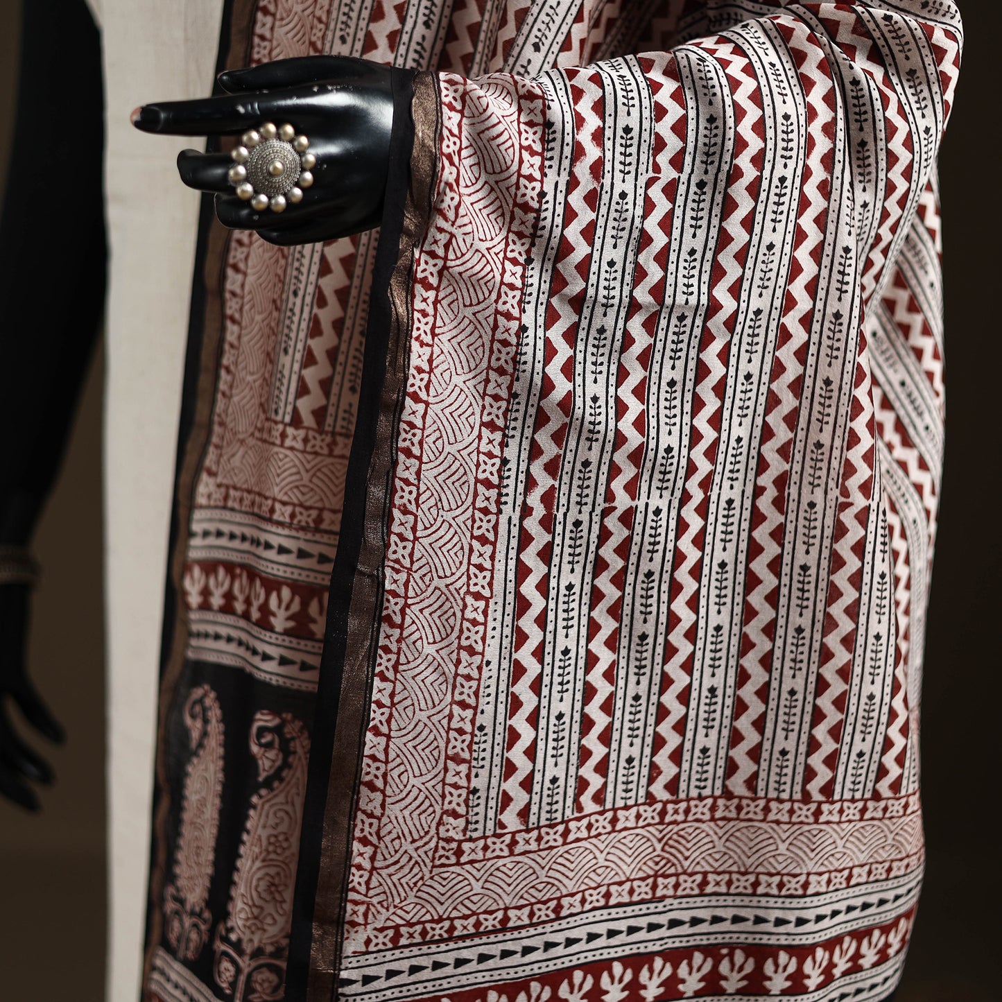 Black - Bagh Hand Block Print Natural Dyed Chanderi Silk Handloom Dupatta 08