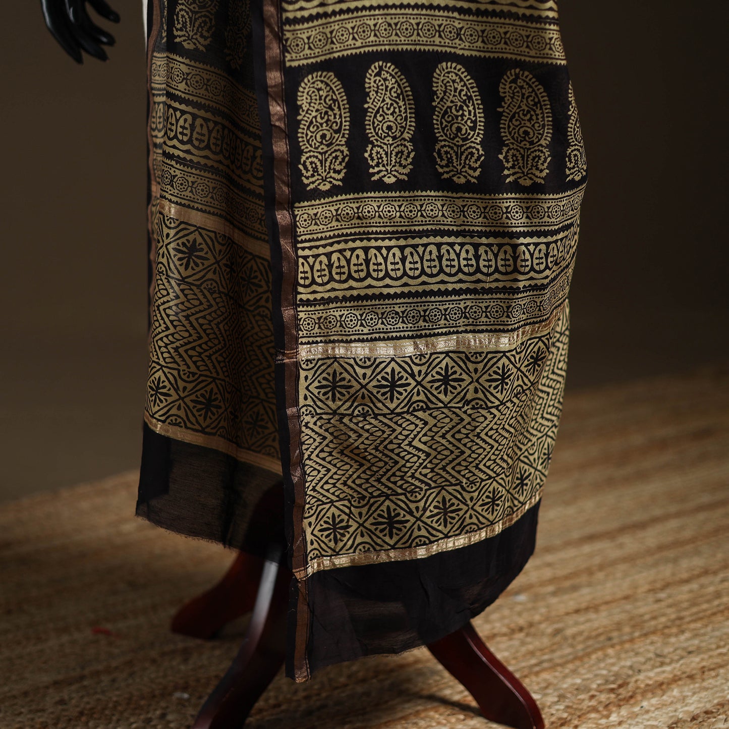 Black - Bagh Hand Block Print Natural Dyed Chanderi Silk Handloom Dupatta 09