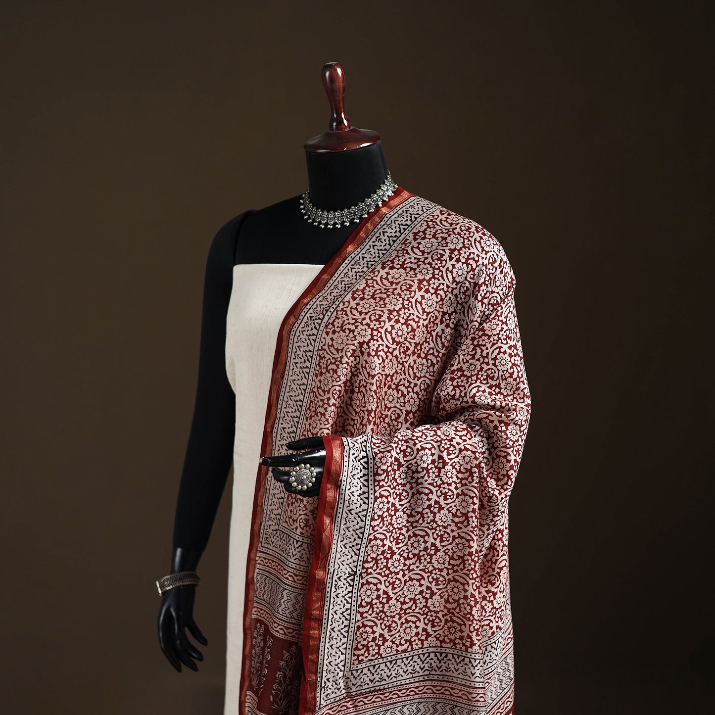 Red - Bagh Hand Block Print Natural Dyed Chanderi Silk Handloom Dupatta 12