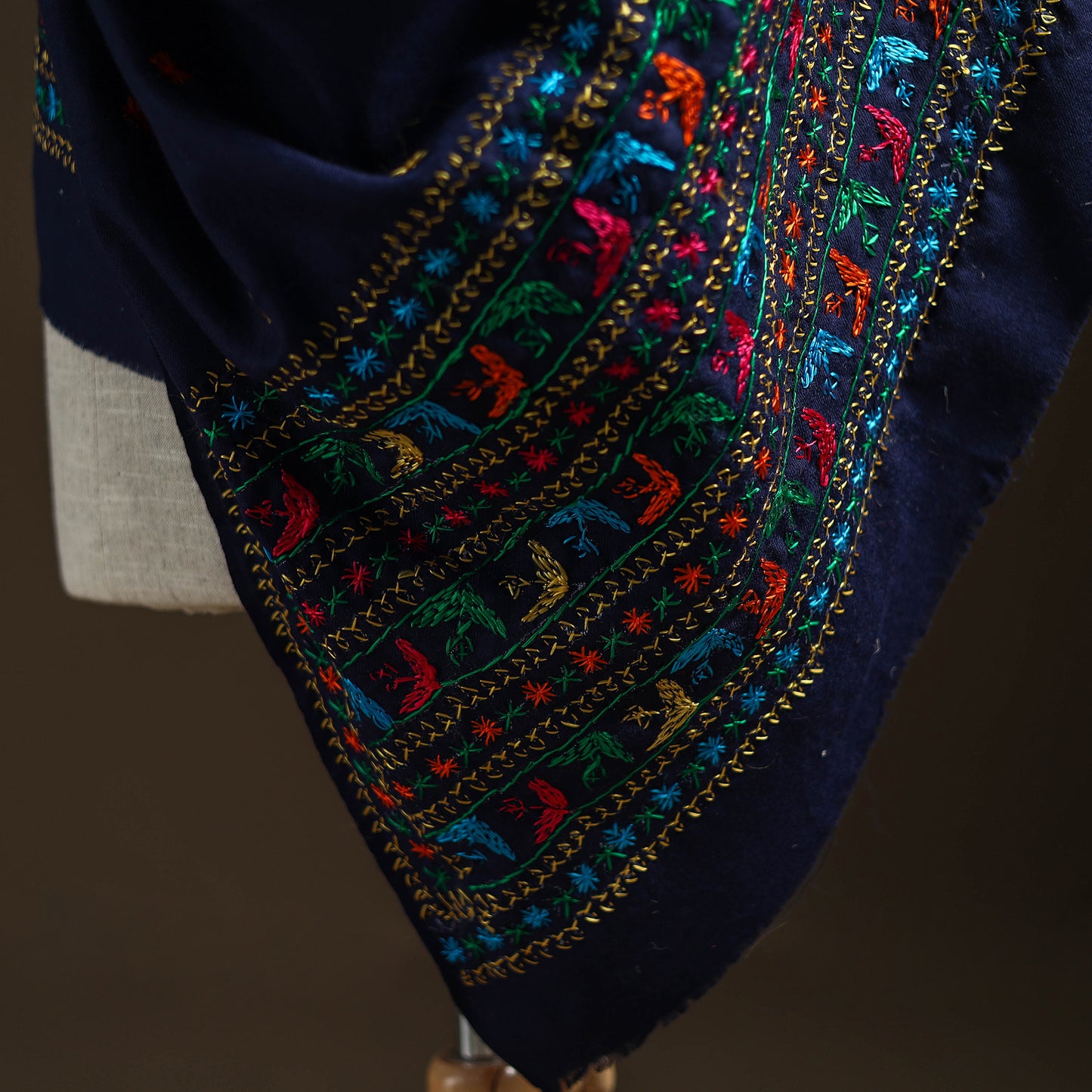 Blue - Hand Embroidered Phulkari Wool Shawl 01