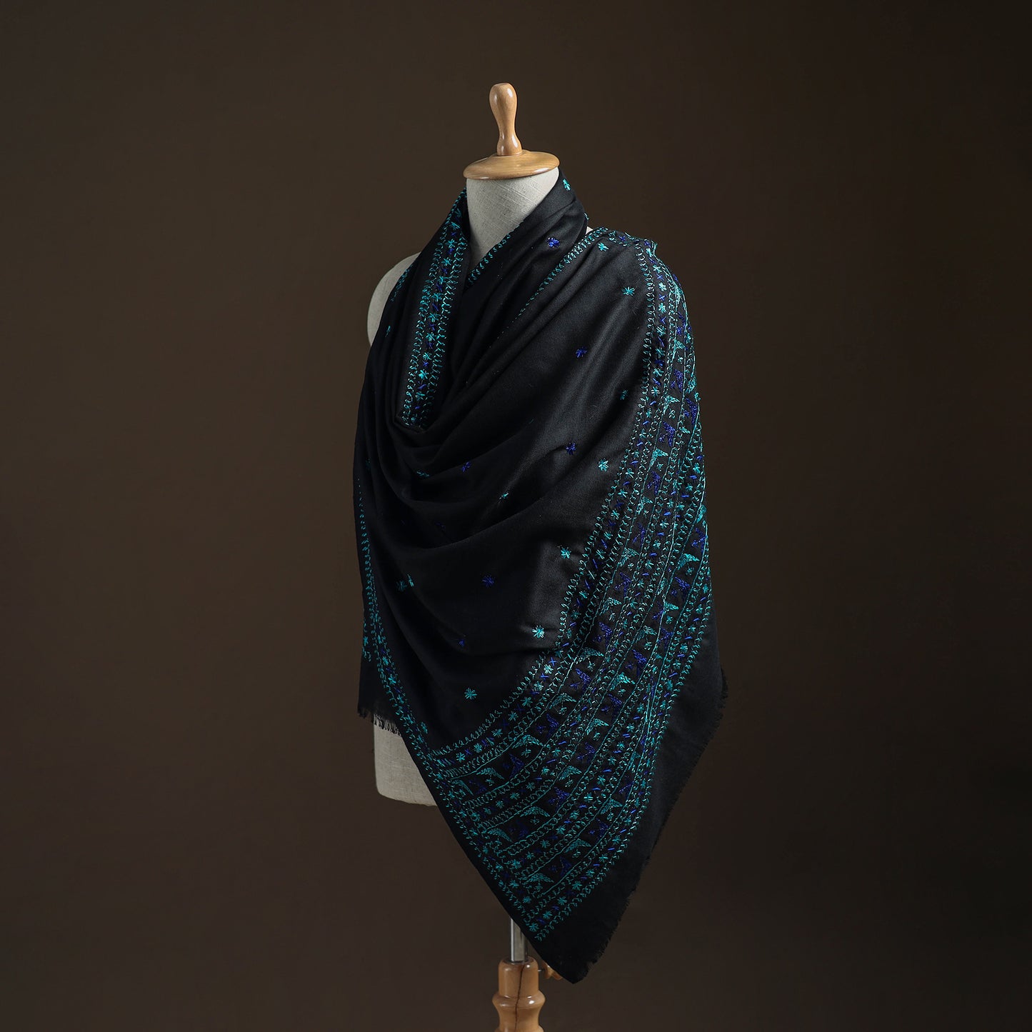 Black - Hand Embroidered Phulkari Wool Shawl 02