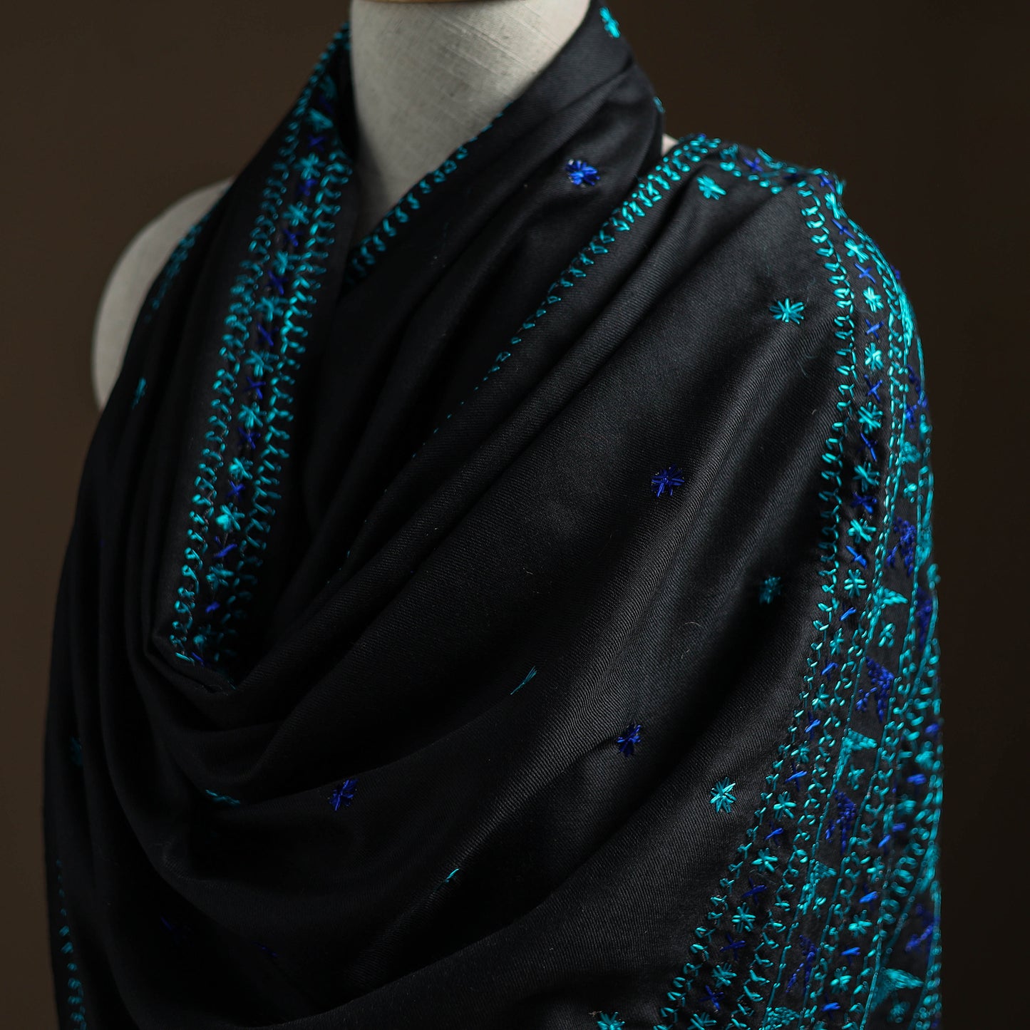 Black - Hand Embroidered Phulkari Wool Shawl 02